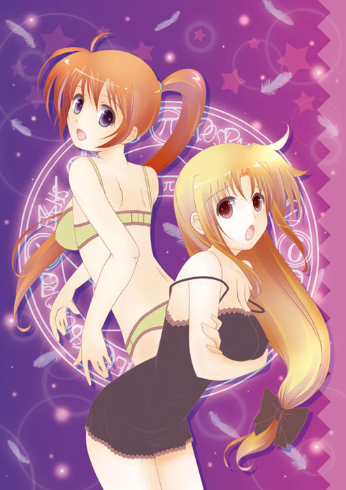 yurikuta tsukumi, fate testarossa, takamachi nanoha, lyrical nanoha, mahou shoujo lyrical nanoha, mahou shoujo lyrical nanoha strikers, 00s, 2girls, bra, chemise, lingerie, long hair, low-tied long hair, magic circle, multiple girls, panties, side ponytail, strap slip, underwear, underwear only