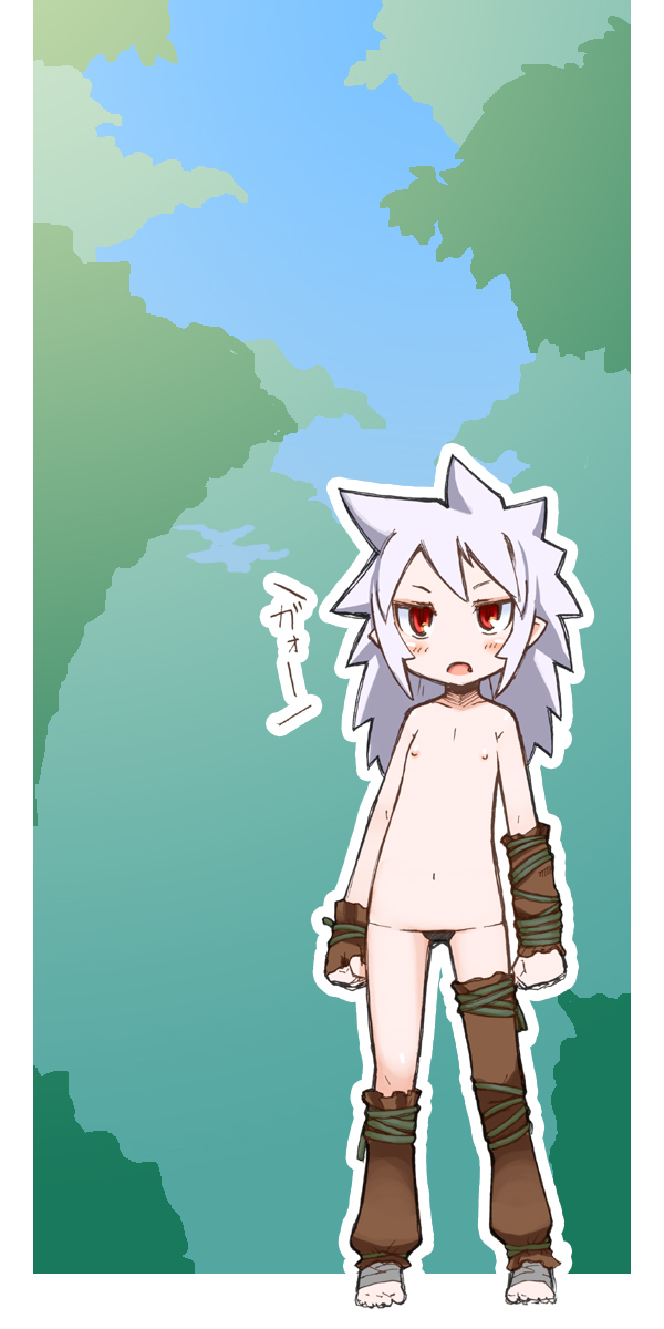 jingai modoki, bad id, bad pixiv id, copyright request, highres, 1girl, albino, asymmetrical clothes, blush, female focus, fingerless gloves, flat chest, gloves, loli, long hair, lowleg, lowleg panties, navel, panties, pointy ears, red eyes, simple background, solo, thighhighs, topless female, underwear, underwear only, white hair