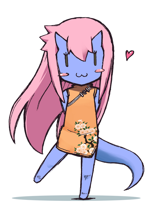 jingai modoki, nakamura-san, original, bad id, bad pixiv id, 1girl, :3, blue skin, blush, chibi, china dress, chinese clothes, colored skin, dress, female focus, flat chest, heart, horns, long hair, monster girl, pink hair, solo, tail, | |