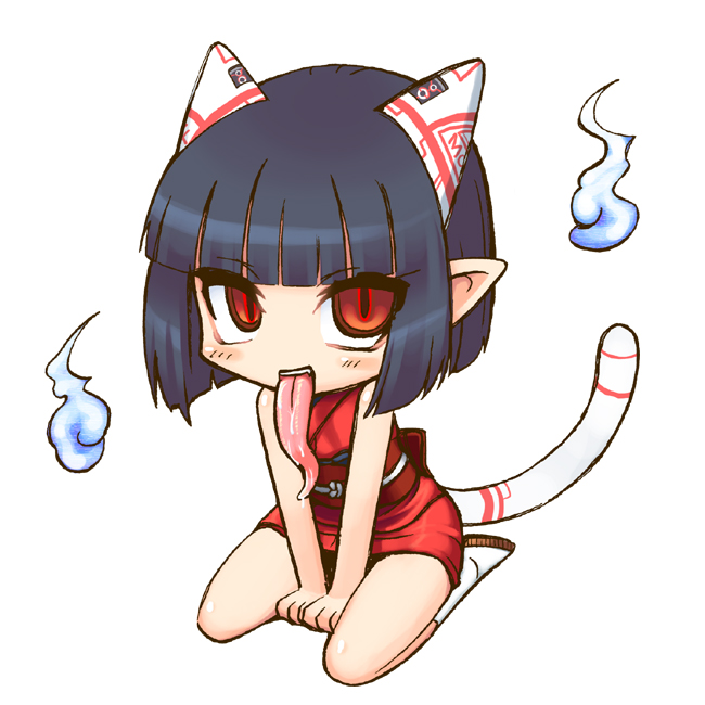 jingai modoki, akaname, akaname-san, original, bad id, bad pixiv id, 1girl, animal ears, bare shoulders, between thighs, black hair, blunt bangs, blush, bob cut, boots, chibi, child, female focus, full body, hitodama, japanese clothes, kimono, kneeling, long tongue, monster girl, pointy ears, red eyes, red kimono, seiza, short hair, simple background, sitting, slit pupils, solo, tail, thighs, tongue, tongue out, v arms, yukata