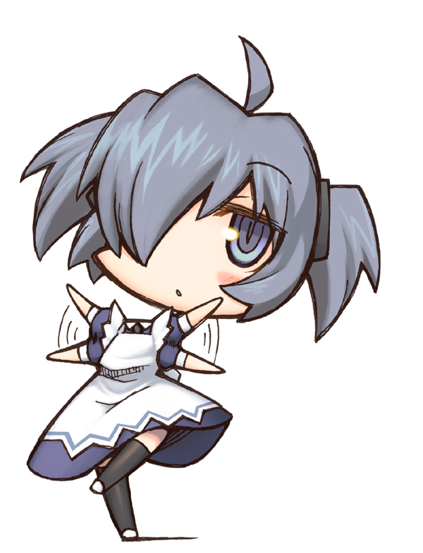 jingai modoki, bad id, bad pixiv id, 1girl, ahoge, blue eyes, blue hair, blush, chibi, dress, dullahan, er girl, falling, female focus, maid, matching hair/eyes, monst, monster girl, ponytail, short hair, short twintails, solo, thighhighs, twintails