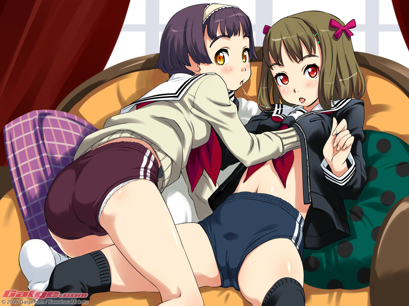 kawahara makoto, galge.com, 2009, 2girls, ass, breasts, buruma, grabbing another's breast, groping, hand under clothes, hand under shirt, loli, medium breasts, multiple girls, orange eyes, panties, panties under buruma, red eyes, saliva, saliva trail, school uniform, serafuku, shirt, short hair, small breasts, thighhighs, underwear, white panties, yuri