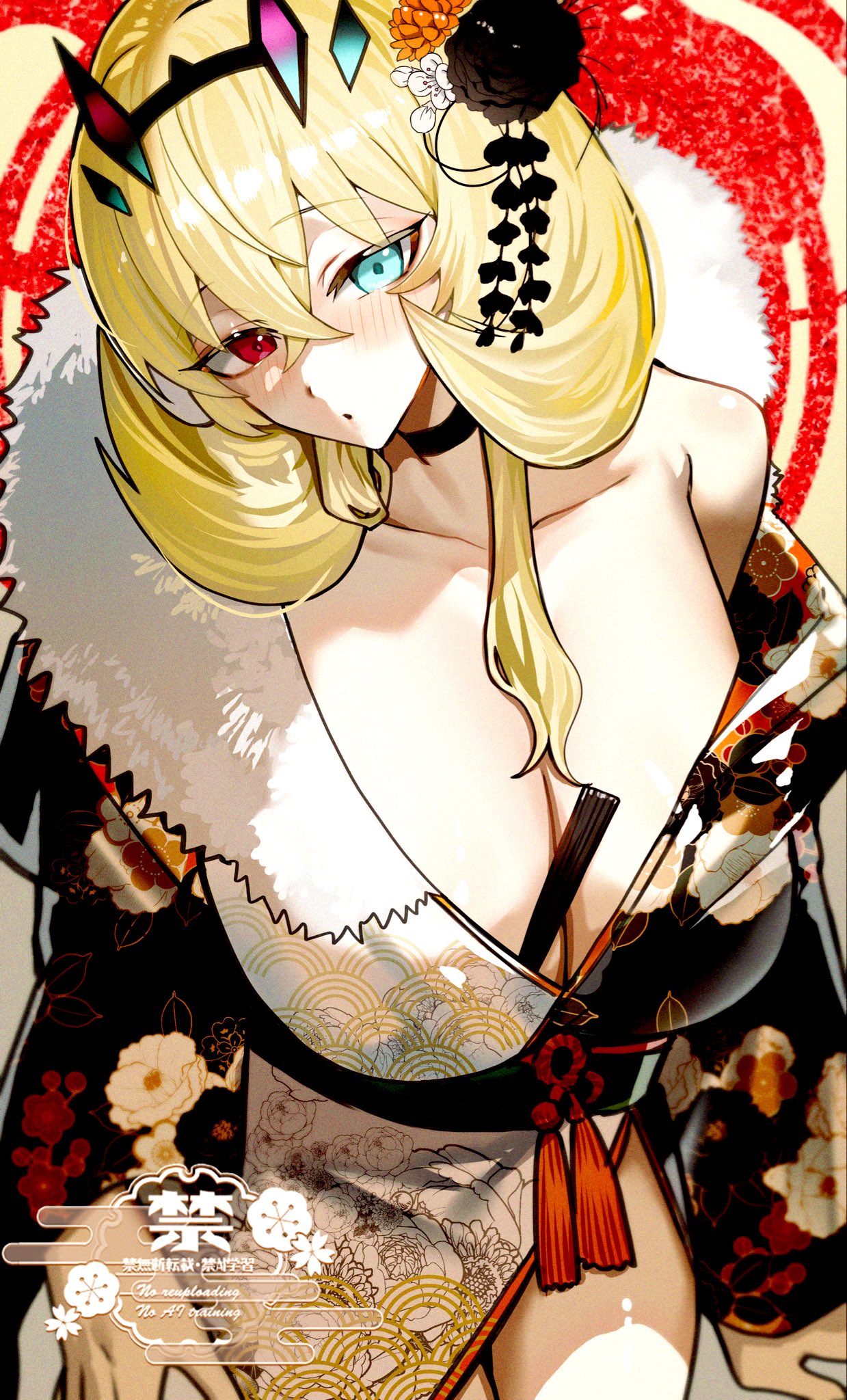kabosoi mangaka, barghest (fate), fate/grand order, fate (series), commentary request, highres, 1girl, bare shoulders, blonde hair, blush, breasts, choker, cleavage, collarbone, floral print, green eyes, heterochromia, horns, huge breasts, japanese clothes, kimono, long hair, long sleeves, looking at viewer, off shoulder, red eyes, solo