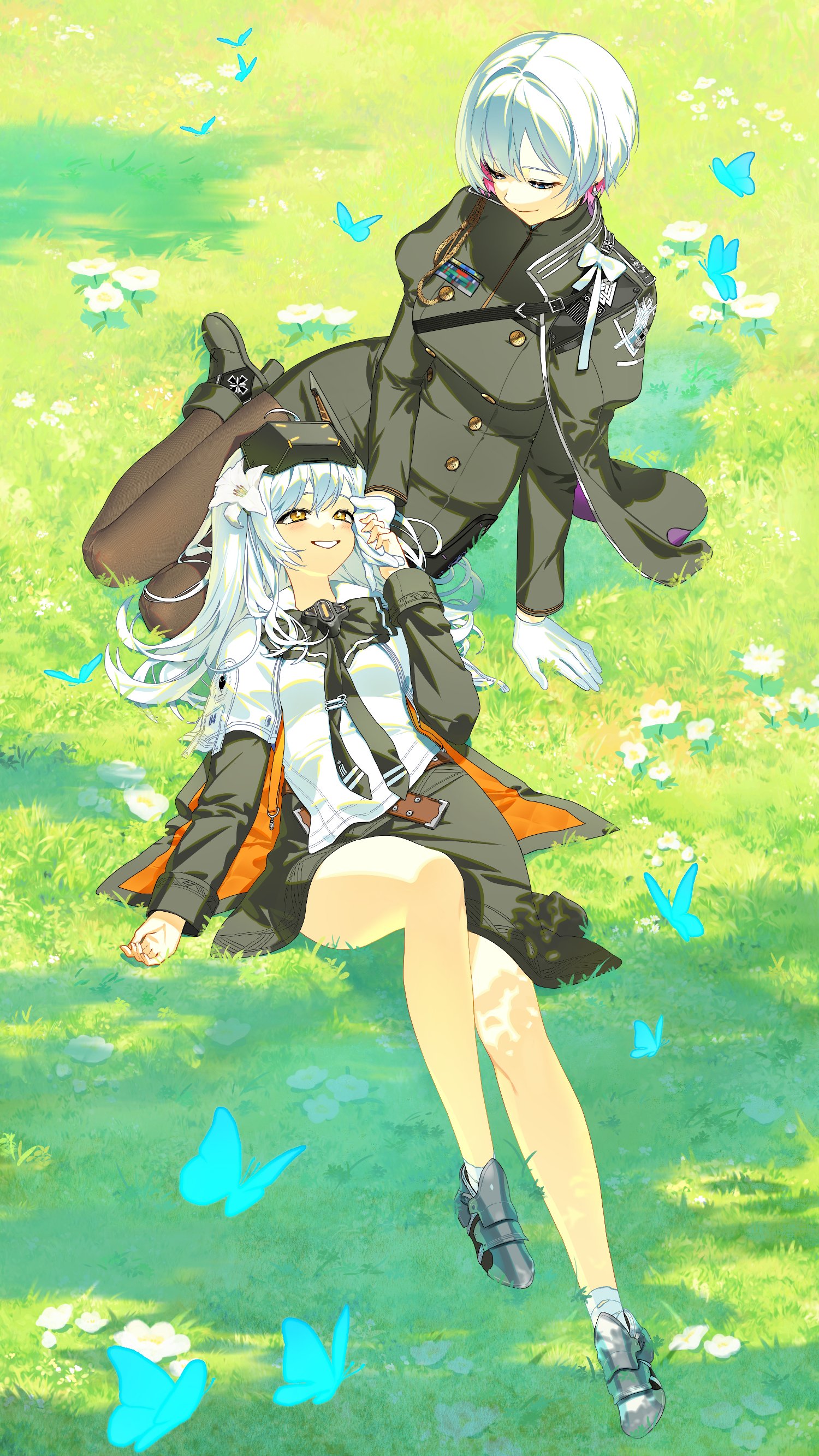laejjo, liliweiss (nikke), snow white (innocent days) (nikke), snow white (nikke), goddess of victory: nikke, shiny eyes, absurdres, commentary request, highres, korean commentary, 2girls, aiguillette, bright pupils, bug, butterfly, field, flower, gloves, grass, insect, long sleeves, lying, lying on lap, military uniform, multiple girls, on back, on grass, side cape, smile, star-shaped pupils, star (symbol), symbol-shaped pupils, visor (armor), white flower, white gloves, white hair, white pupils, yellow eyes