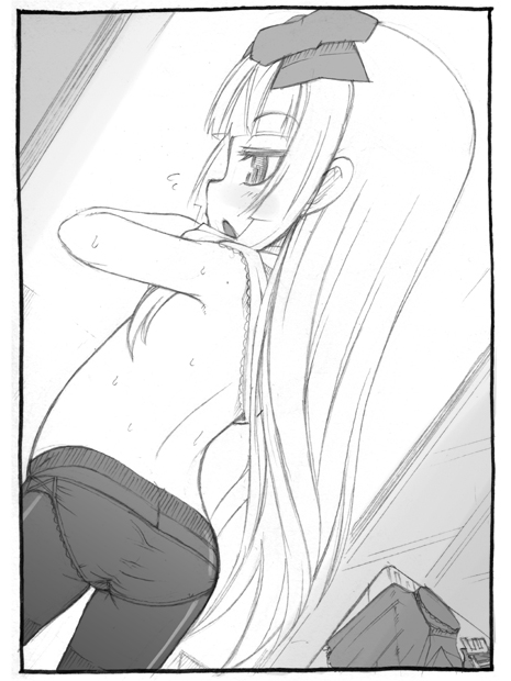 jingai modoki, 3.1-tan, os-tan, bad id, bad pixiv id, 1girl, ass, blush, female focus, greyscale, hair ribbon, loli, long hair, monochrome, pantyhose, ribbon, solo, sweat, topless female, undressing