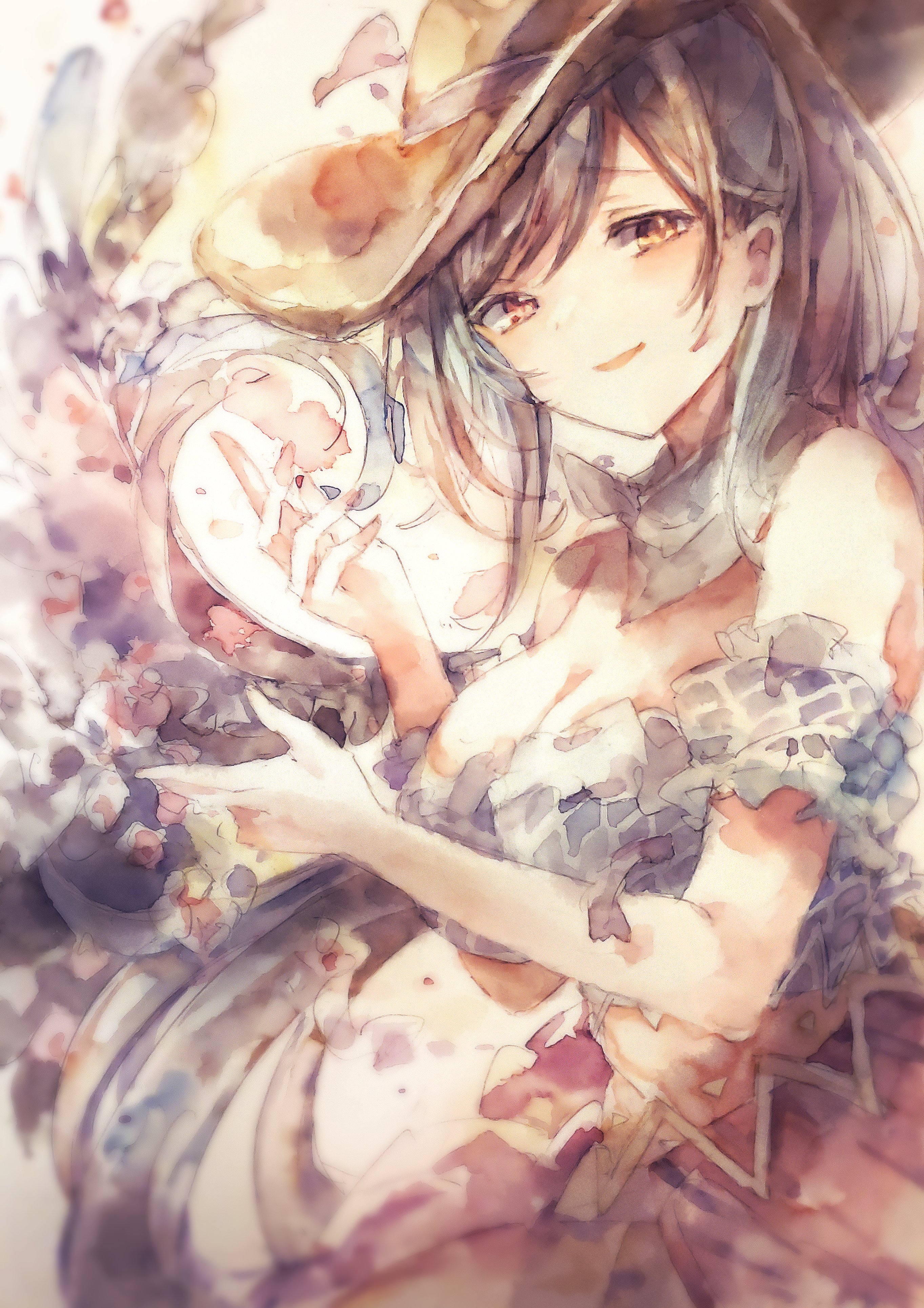 kamu kotan, kurokoma saki, touhou, absurdres, commentary request, highres, traditional media, 1girl, bandana, bandana around neck, blue shirt, breasts, brown hat, cleavage, cowboy hat, hat, large breasts, long hair, looking at viewer, off-shoulder shirt, off shoulder, open mouth, pink skirt, red eyes, shirt, skirt, smile, solo, white bandana