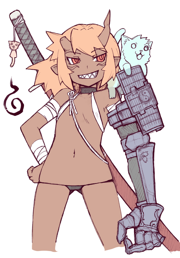 jingai modoki, bad id, bad pixiv id, 1girl, aged down, bandages, cat, child, choker, dark-skinned female, dark skin, female focus, flat chest, grin, horns, katana, long hair, lowleg, lowleg panties, mechanical arms, oni, panties, pointy ears, red eyes, single mechanical arm, smile, solo, solo focus, sword, underwear, weapon