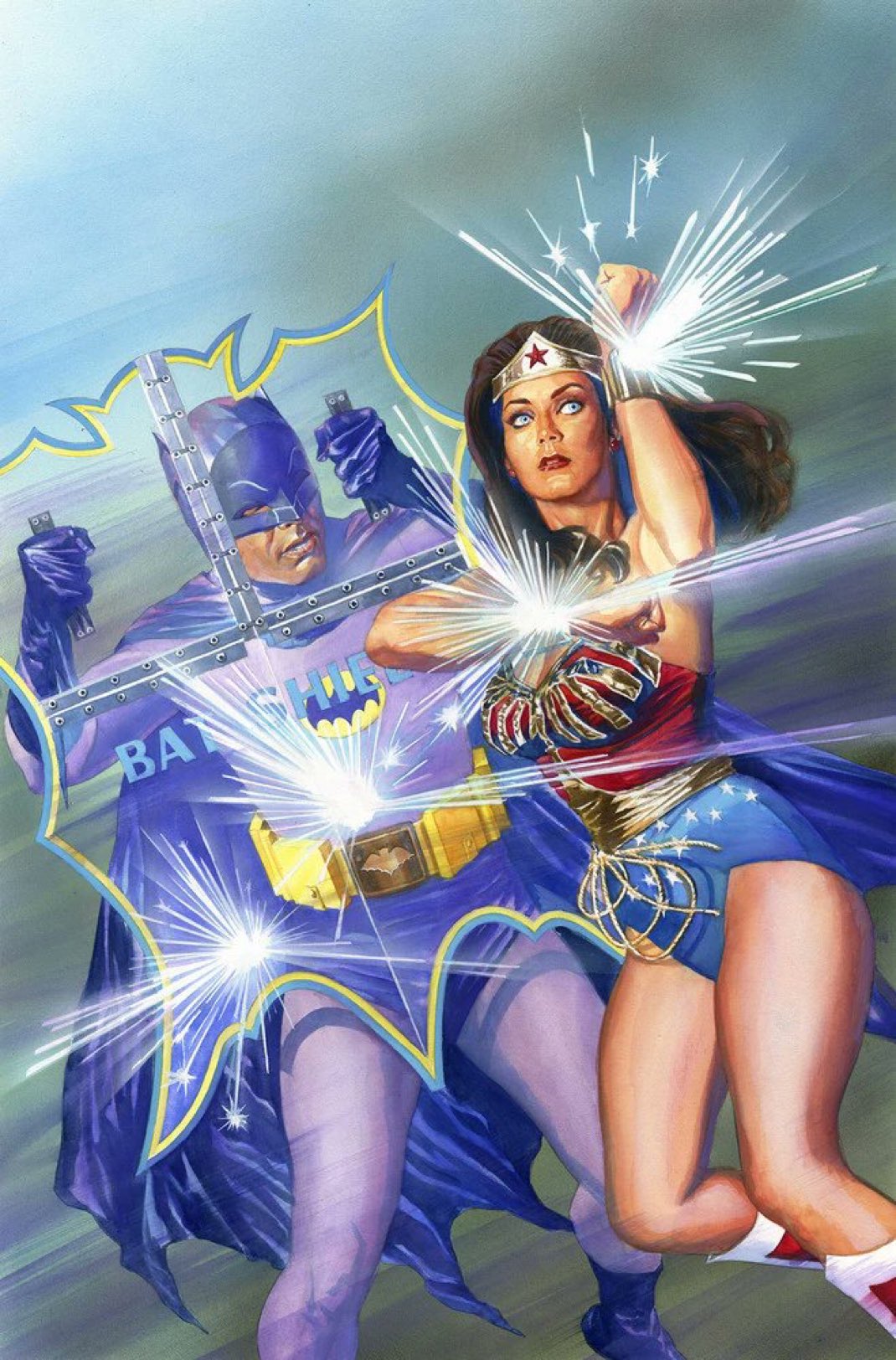 alex ross, adam west, batman, wonder woman, batman (1966), batman (series), dc comics, wonder woman (series), comic cover, highres, jpeg artifacts, official art, textless version, 1boy, 1girl, batman symbol, belt, blue eyes, boots, bracer, brown hair, cape, fighting, gloves, lasso of truth, leotard, lynda carter, red lips, shield, sparks, tiara, transparent, utility belt