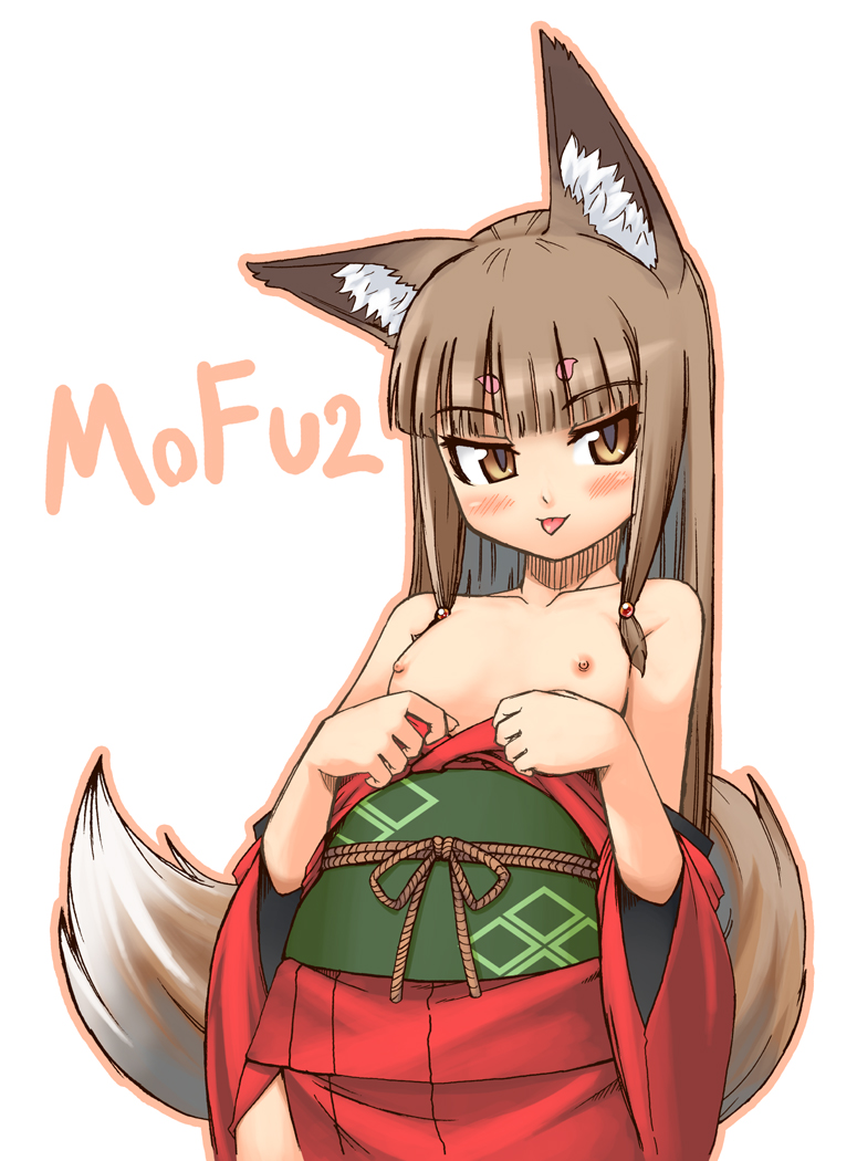 jingai modoki, original, bad id, bad pixiv id, 1girl, animal ears, bare shoulders, brown eyes, brown hair, female focus, flat chest, fox ears, fox tail, japanese clothes, kimono, long hair, naughty face, nipples, solo, tail, tongue, undressing