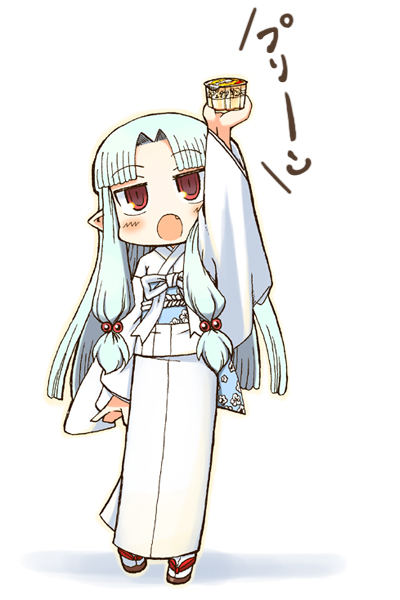 jingai modoki, kiriha (tsugumomo), tsugumomo, bad id, bad pixiv id, 1girl, :o, aqua hair, arm up, blush, chibi, fang, female focus, food, japanese clothes, jitome, kimono, long hair, open mouth, pudding, red eyes, solo