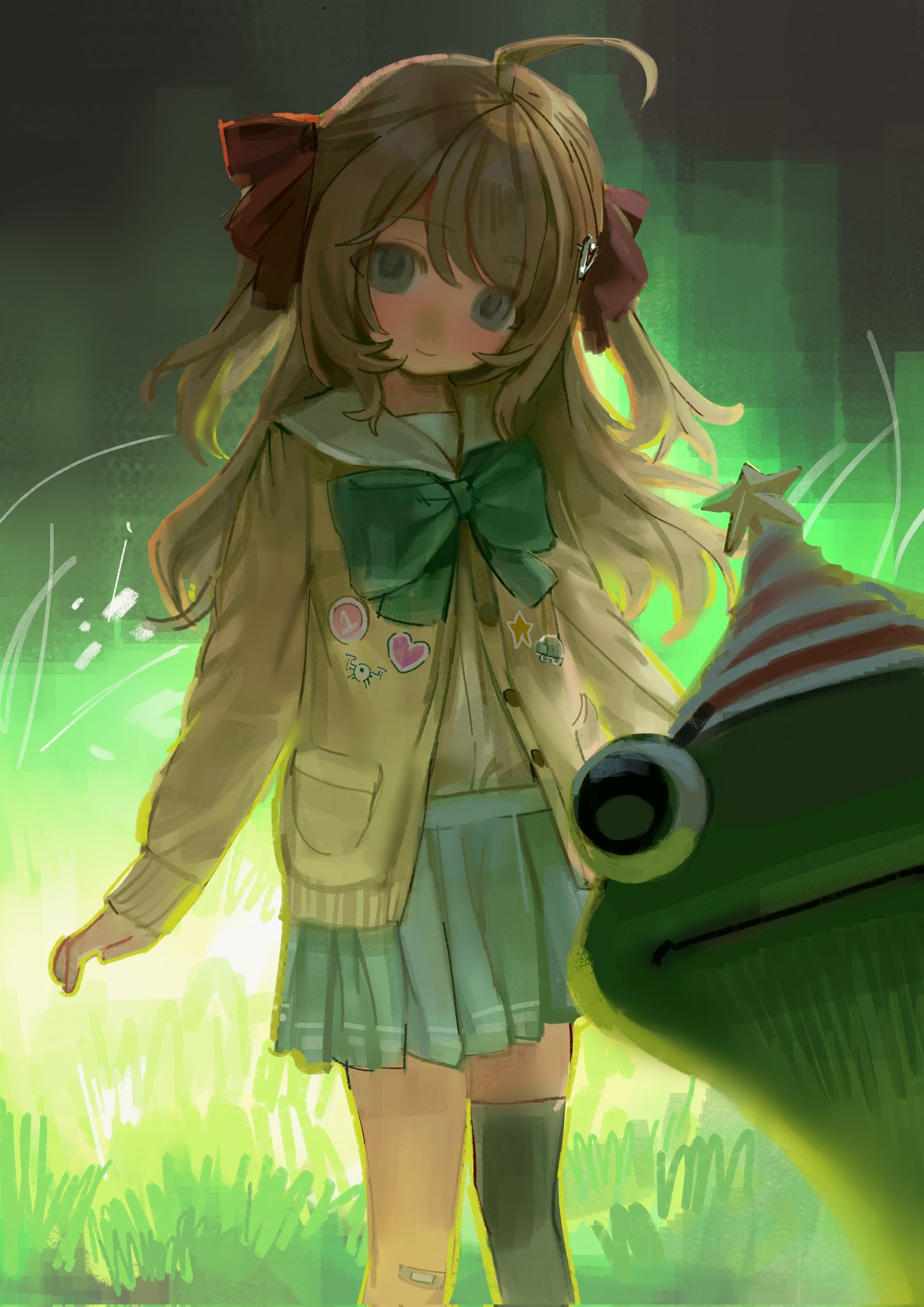 kofi-mo, kermit the frog, neuro-sama, vedal987, muppets, vedal ai, vrchat, commentary, highres, symbol-only commentary, 1boy, 1girl, ahoge, aqua bow, aqua bowtie, backlighting, bandaid, bandaid on knee, bandaid on leg, blue eyes, blue sailor collar, blue skirt, bow, bowtie, brown hair, cardigan, closed mouth, cowboy shot, grass, hair between eyes, hair ornament, head tilt, heart, heart hair ornament, long hair, looking at viewer, mini party hat, miniskirt, outdoors, pleated skirt, pocket, sailor collar, school uniform, serafuku, sidelocks, single thighhigh, skirt, smile, thighhighs, two side up, yellow cardigan