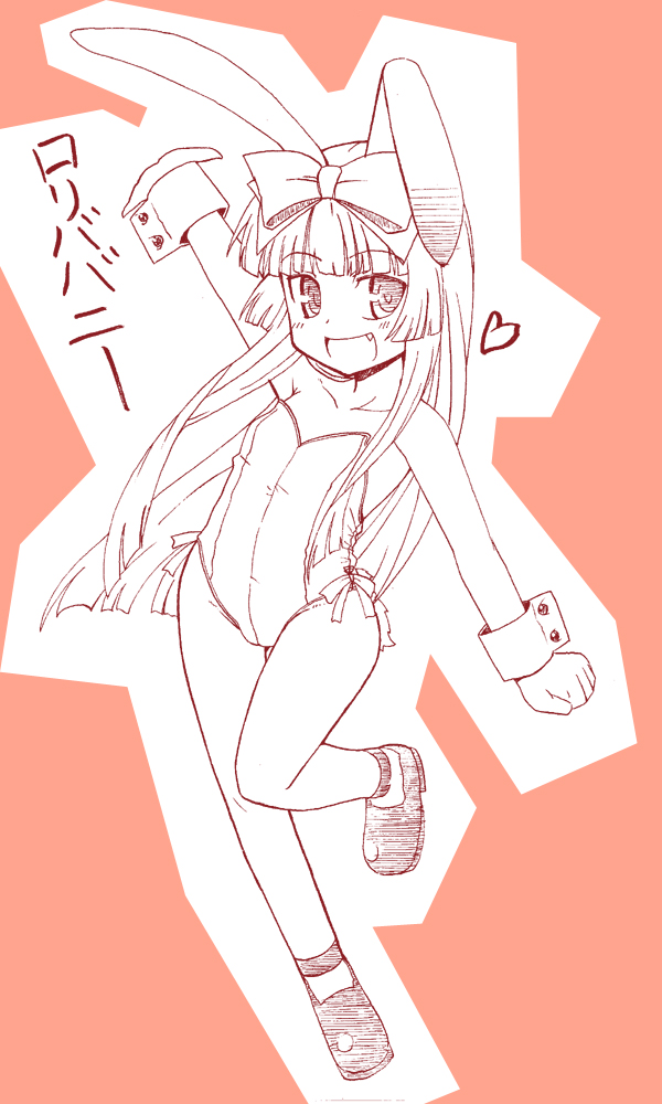 jingai modoki, 3.1-tan, os-tan, bad id, bad pixiv id, 1girl, animal ears, blush, cameltoe, fake animal ears, fang, female focus, flat chest, hair ribbon, happy, heart, loli, monochrome, pink background, playboy bunny, rabbit ears, red theme, revealing clothes, ribbon, simple background, solo