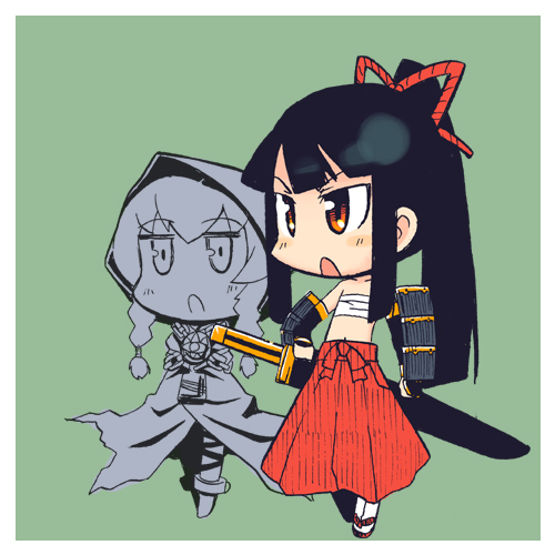 jingai modoki, bushidou (sekaiju), bushidou 2 (sekaiju), curse maker, curse maker 2, atlus, etrian odyssey, bad id, bad pixiv id, lowres, 2girls, armor, black hair, blush, chibi, hakama, hakama skirt, japanese clothes, long hair, multiple girls, red hakama, sarashi, skirt, sword, weapon