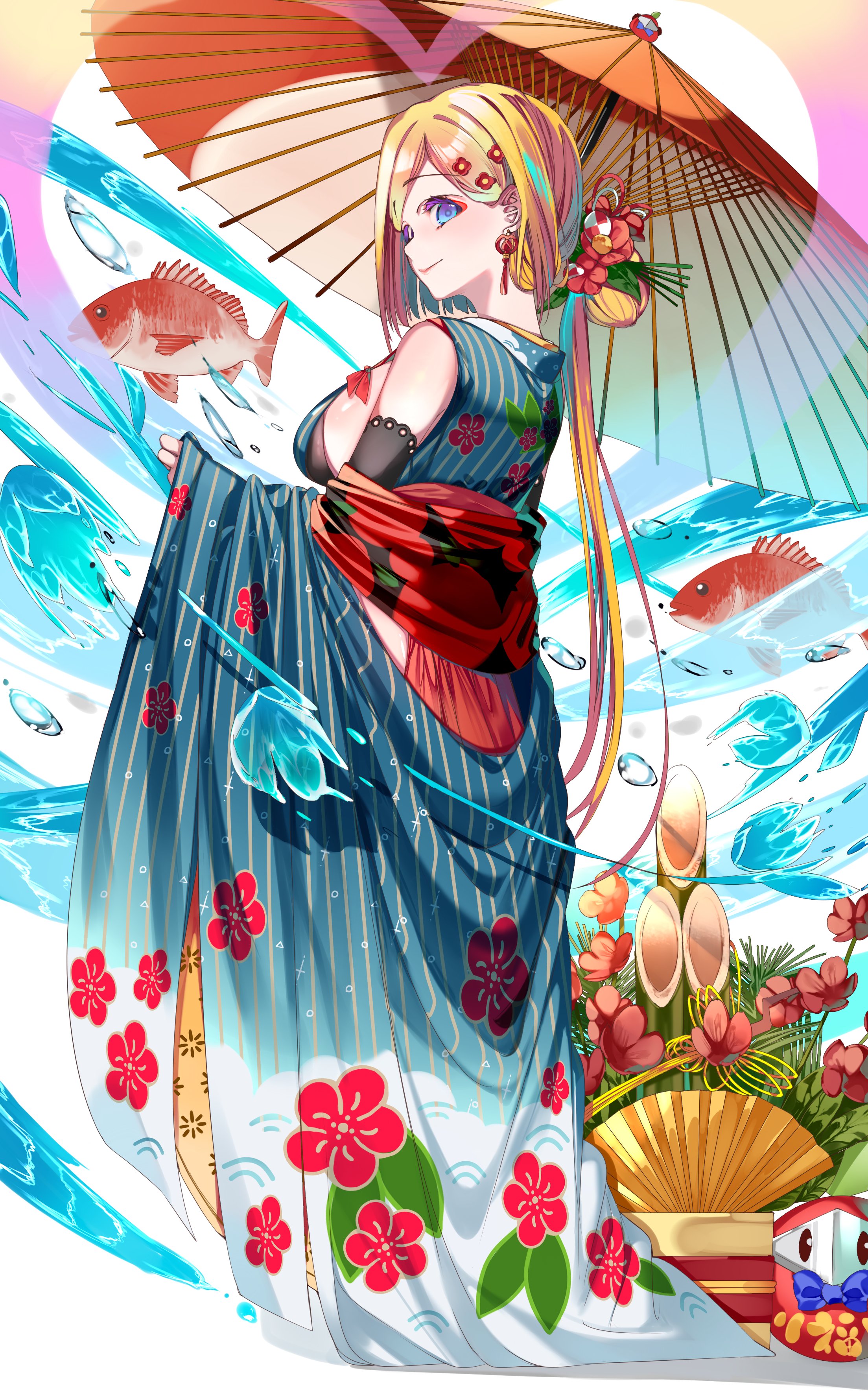 yuutarou (fukiiincho), aki rosenthal, hololive, absurdres, commentary request, highres, 1girl, bare shoulders, blonde hair, blue eyes, blue kimono, breasts, eyeshadow, fish, from behind, full body, heart, japanese clothes, kimono, large breasts, long hair, makeup, red eyeshadow, solo, umbrella, virtual youtuber
