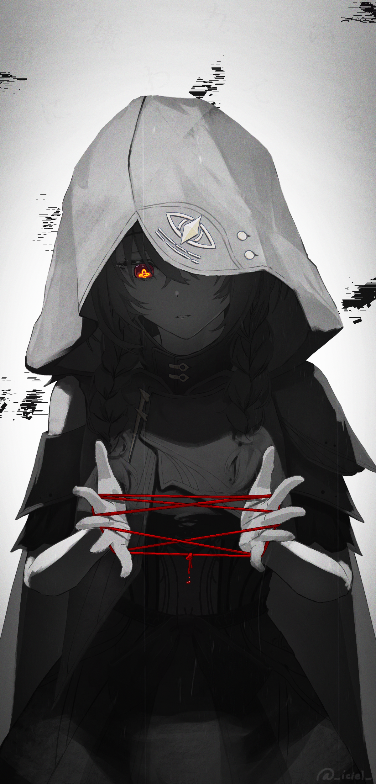 cradle (pgr), punishing: gray raven, absurdres, commentary, highres, 1girl, between fingers, black dress, braid, cloak, clothing cutout, dress, eye symbol, glitch, grey background, hair between eyes, holding, hood, hood up, hooded cloak, iiciel, long hair, looking at object, one eye covered, open hands, partially colored, red eyes, shoulder cutout, single bare shoulder, solo, spread fingers, symbol-shaped pupils, thread, twin braids, twitter username, upper body