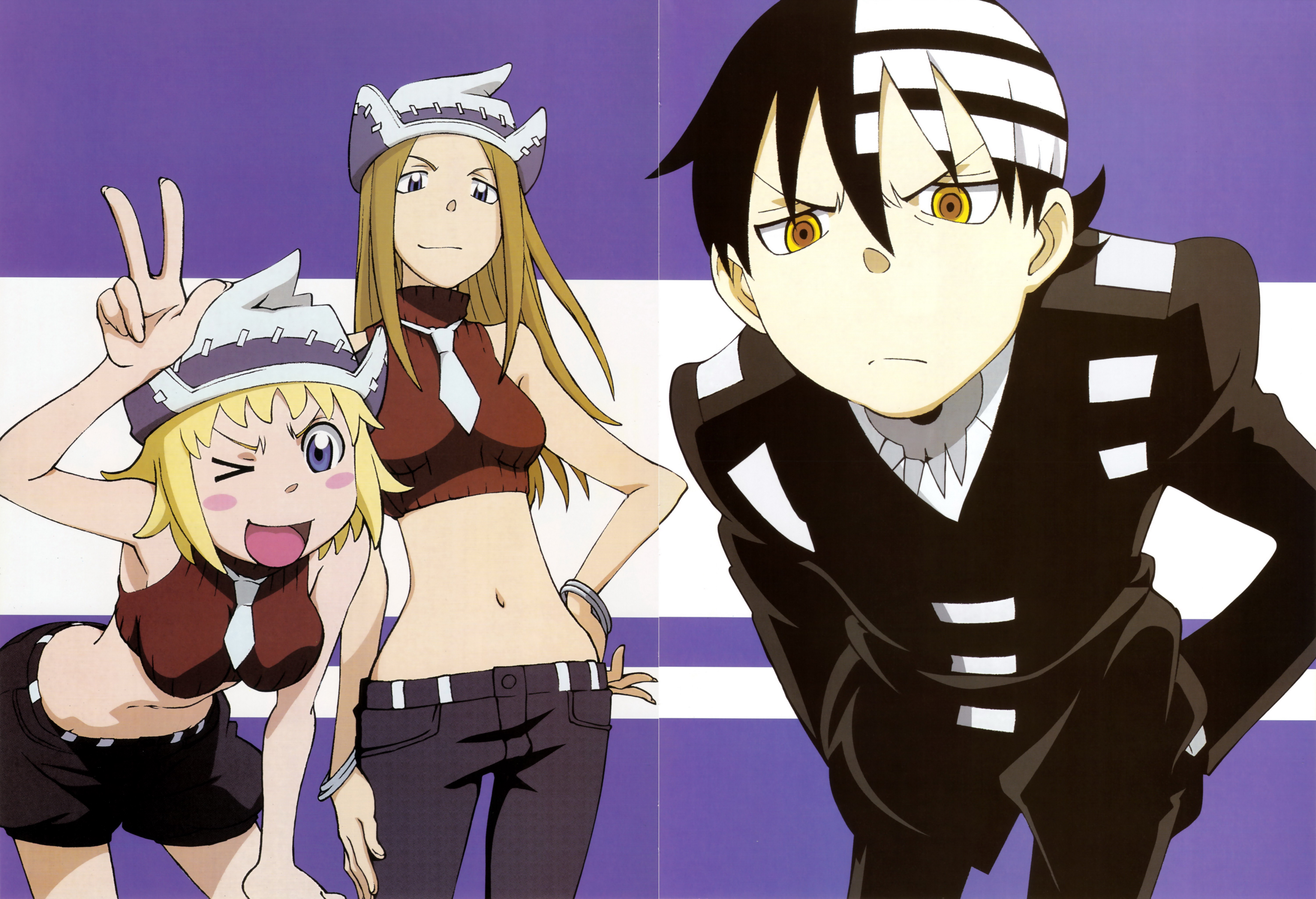 death the kid, elizabeth thompson, patricia thompson, soul eater, absurdres, highres, 00s, 1boy, 2girls, black hair, blonde hair, blue eyes, bolo tie, formal clothes, hand on own hip, hands in pockets, hat, midriff, multiple girls, necktie, shorts, siblings, sisters, suit, v, wink