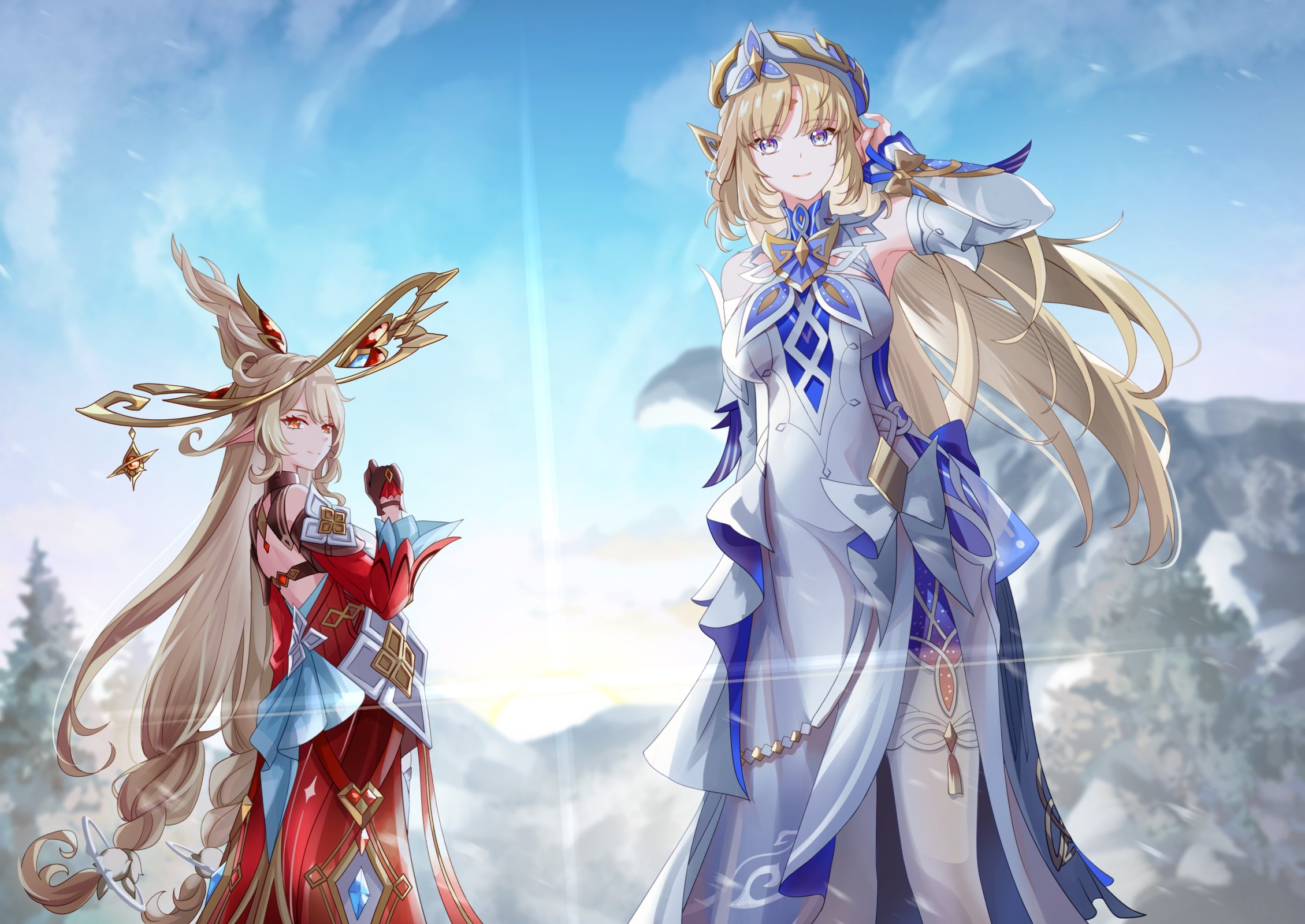 mon-chan, alice (genshin impact), nicole reeyn, genshin impact, bad id, bad twitter id, commentary request, highres, 2girls, adjusting hair, blonde hair, blue sky, braid, detached sleeves, dress, facial mark, forehead mark, gloves, hat, long hair, looking at viewer, low-braided long hair, low-tied long hair, low twin braids, morning, mountainous horizon, multiple girls, new year, pointy ears, red dress, red eyes, red sleeves, sky, smile, sunrise, tree, twin braids, very long hair, white dress, white hat, white sleeves