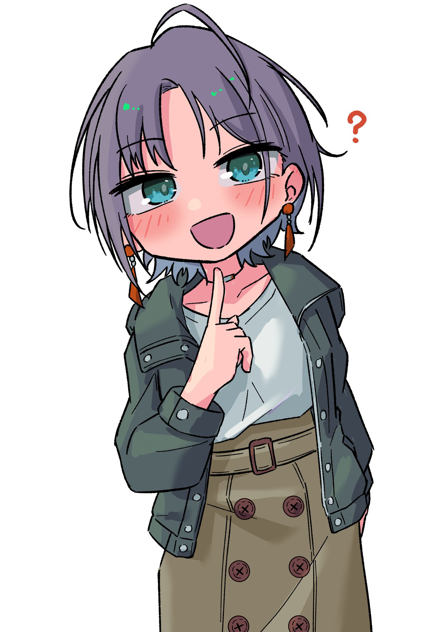 asakura toru, idolmaster, idolmaster shiny colors, commentary request, highres, 1girl, ?, ahoge, aqua eyes, blush, collarbone, curtained hair, dark skin, deformed, earrings, grey jacket, index finger raised, jacket, jewelry, looking at viewer, monogataritai, purple hair, shirt, simple background, smile, solo, white background, white shirt
