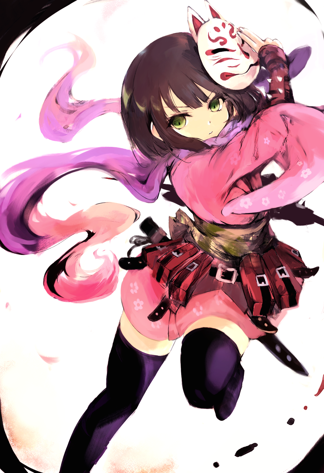 tsutsugano, shinobi (sekaiju), shinobi 4 (sekaiju), etrian odyssey, sekaiju no meikyuu, sekaiju no meikyuu 3, commentary request, highres, 1girl, brown hair, fox mask, green eyes, japanese clothes, kimono, mask, mask on head, ninja, ninjatou, pink kimono, purple thighhighs, scarf, short hair, short sword, solo, sword, thighhighs, weapon