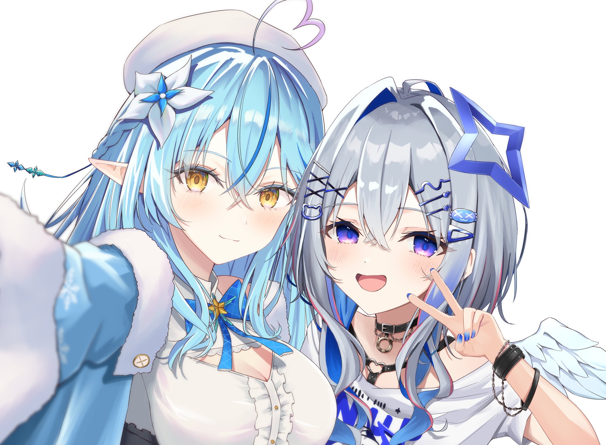 shikkoku no hono mikado, amane kanata, amane kanata (cutesy punk), yukihana lamy, yukihana lamy (1st costume), hololive, commentary request, highres, 2girls, ahoge, angel wings, bare shoulders, black choker, blue bow, blue coat, blue hair, blush, bow, braid, breasts, choker, cleavage, cleavage cutout, closed mouth, clothing cutout, coat, colored inner hair, colored tips, elf, flower, fur trim, gradient hair, grey hair, hair between eyes, hair flower, hair ornament, hairclip, halo, hat, heart, heart ahoge, jewelry, large breasts, long hair, long sleeves, looking at viewer, multicolored hair, multiple girls, nail polish, off shoulder, pointy ears, print shirt, ribbon, shirt, short hair, side braid, simple background, smile, snowflake print, socks, star halo, v, very long hair, virtual youtuber, white background, white bow, white flower, white hat, white shirt, wings, x hair ornament, yellow eyes