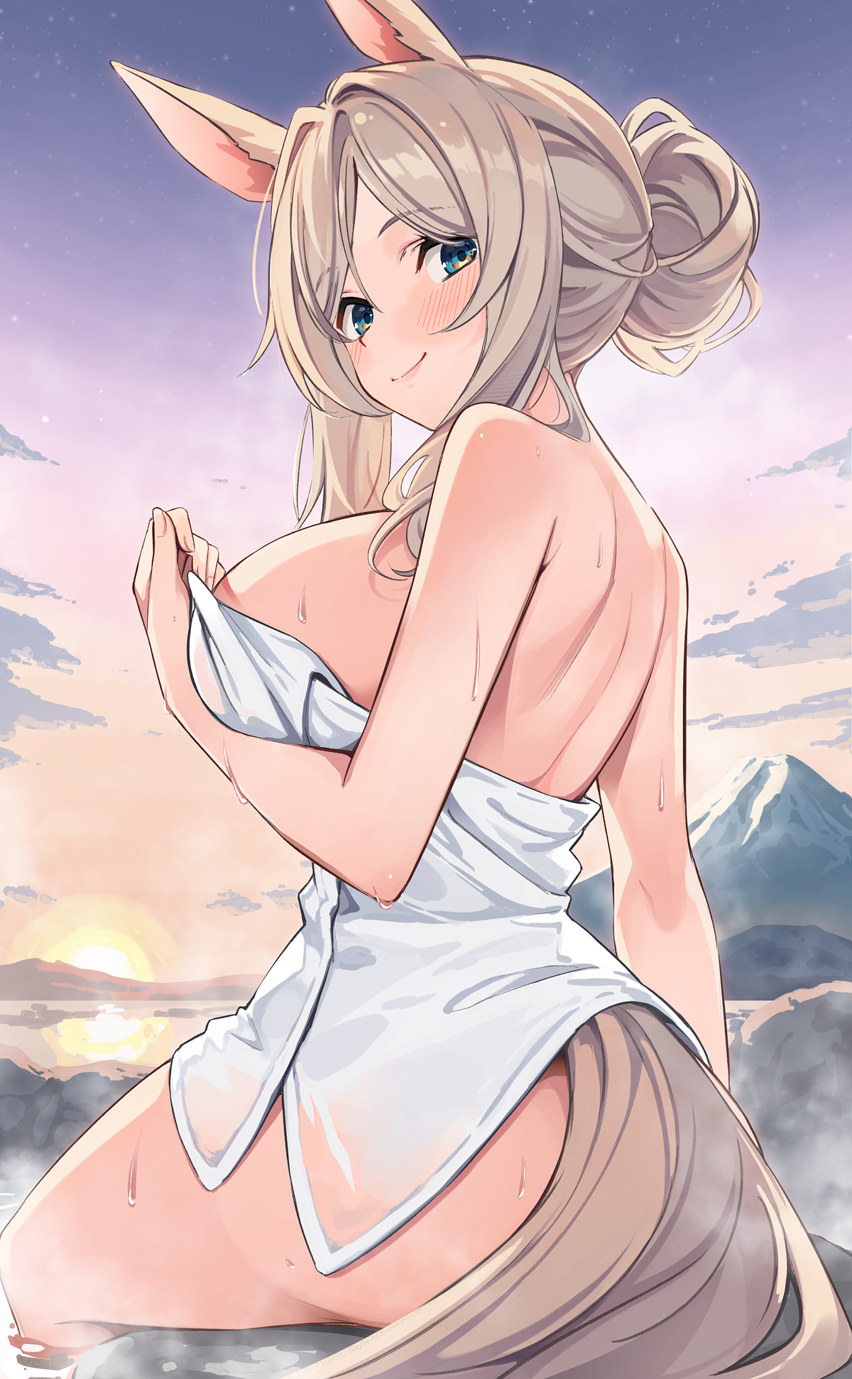 osa (osaosa), original, commentary request, highres, 1girl, animal ears, ass, blush, breasts, brown hair, green eyes, hair bun, horse ears, horse girl, horse tail, large breasts, looking at viewer, looking to the side, mountain, naked towel, onsen, outdoors, parted bangs, shoulder blades, single hair bun, sitting, smile, soaking feet, solo, steam, sunset, tail, thighs, towel