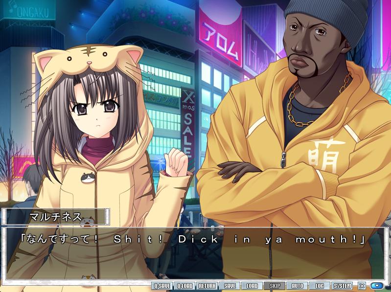 nishimata aoi, martinez, ootori naru, 5pb., oretachi ni tsubasa wa nai, screencap, game cg, jpeg artifacts, 1boy, 1girl, angry, animal ears, animal hat, animal hood, beard, black hair, brooch, brown hair, cat hat, cat hood, chain, dark-skinned male, dark skin, dialogue box, english text, engrish text, facial hair, hat, hood, hoodie, jewelry, moe (phrase), mustache, necklace, profanity, ranguage, visual novel, what