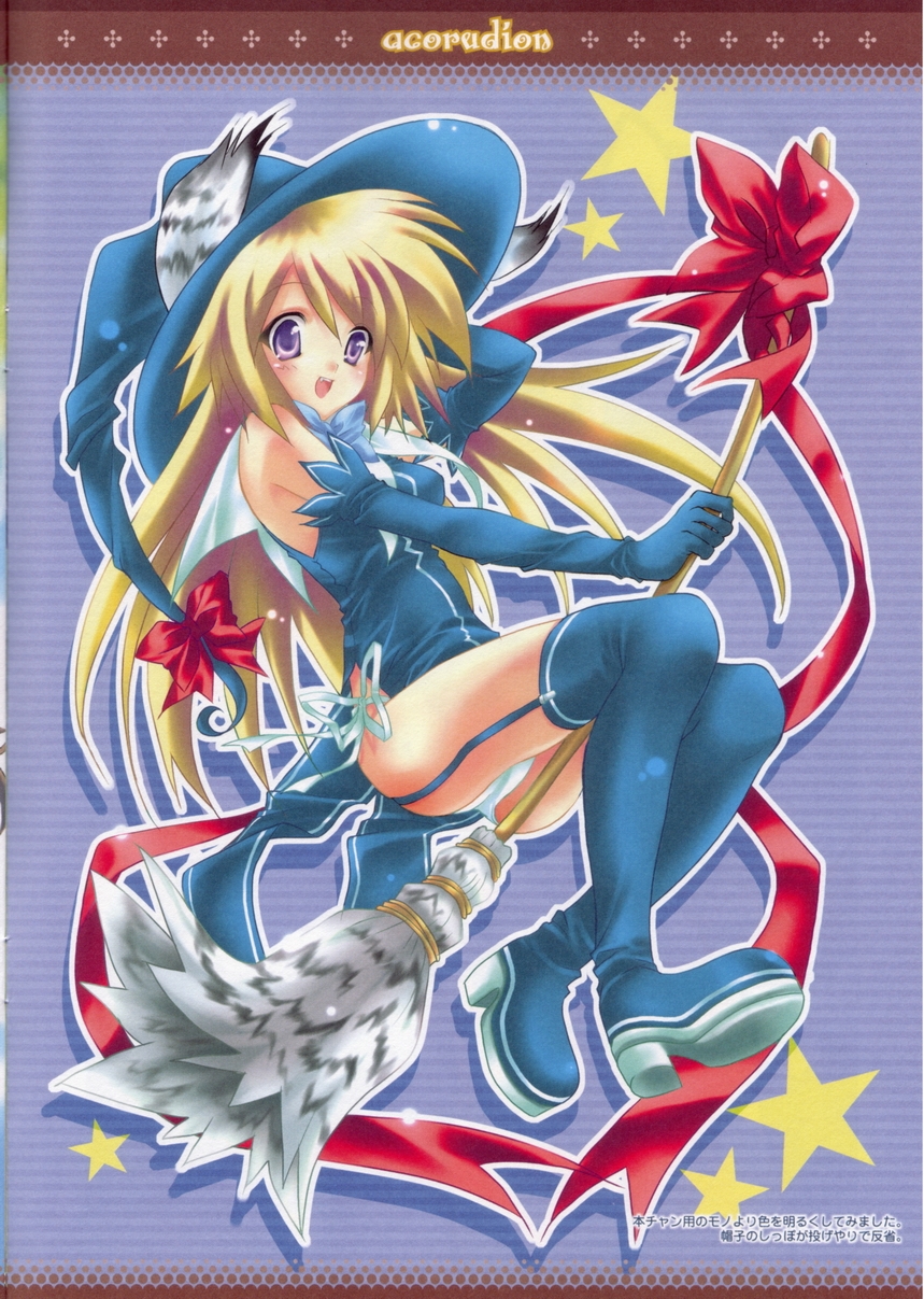 highres, tagme, animal ears, blonde hair, blush, broom, hat, purple eyes, smile, witch hat