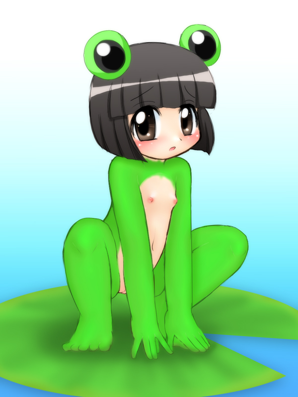 miyanii (myanie), osakabe mio, kanokon, 00s, blush, bodypaint, cleft of venus, flat chest, loli, pussy, squatting