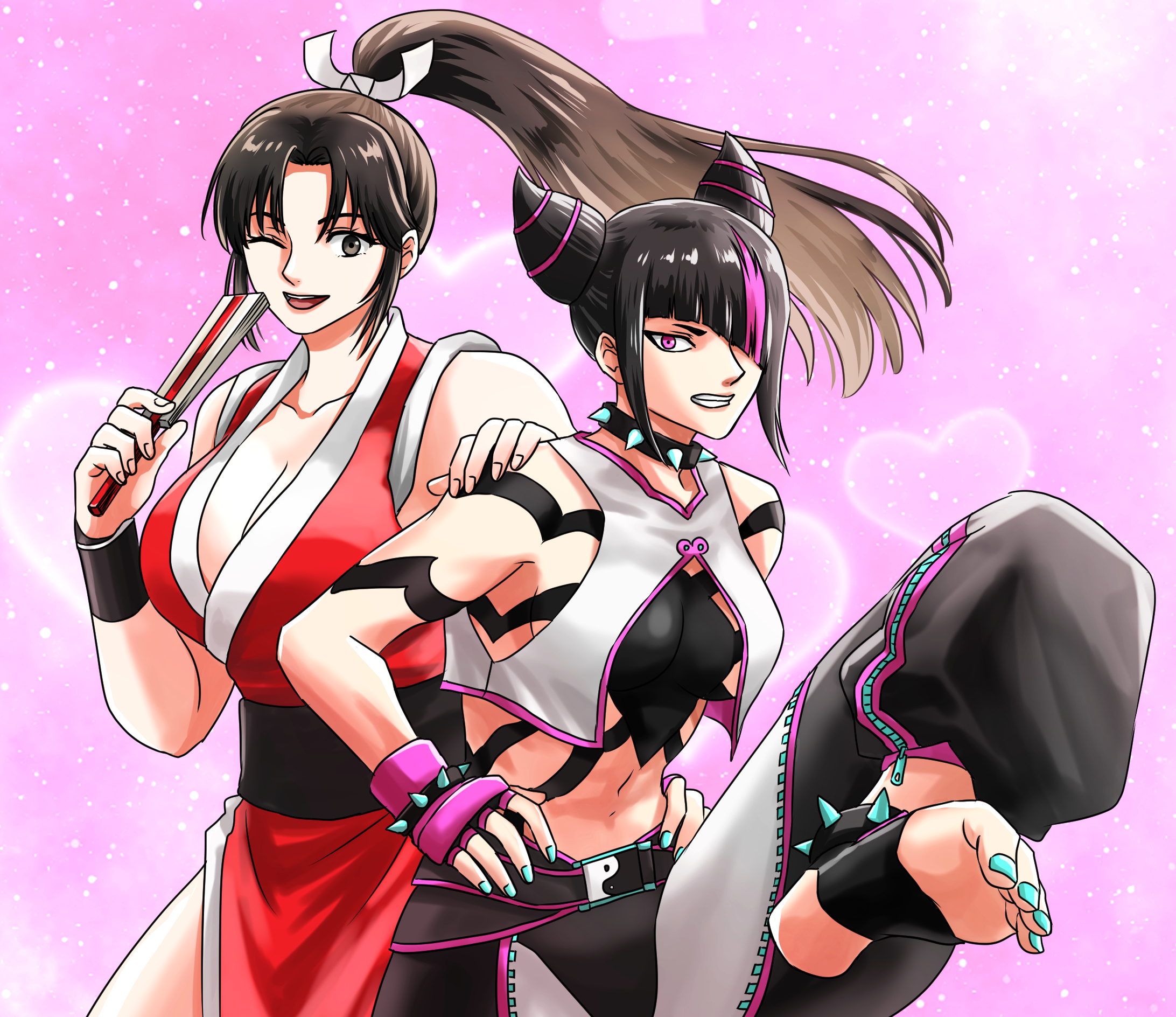 han juri, shiranui mai, fatal fury, street fighter, street fighter 6, highres, 2girls, breasts, large breasts, long hair, multiple girls