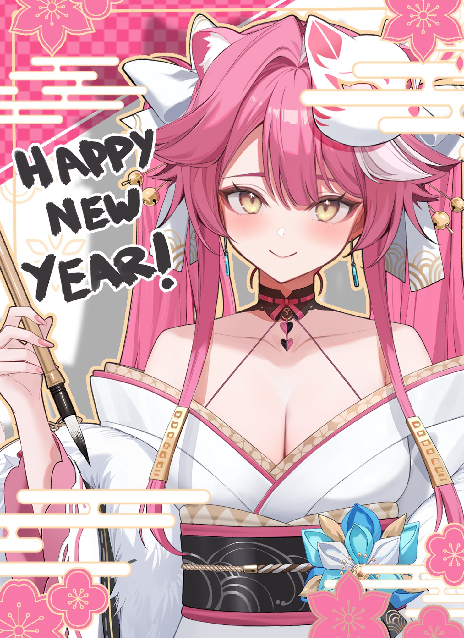 raora panthera (artist), raora panthera, hololive, hololive english, commentary, english commentary, highres, 1girl, animal ear fluff, animal ears, bare shoulders, blush, breasts, cleavage, collarbone, english text, fox mask, happy new year, japanese clothes, kimono, large breasts, mask, multicolored hair, new year, panther ears, panther girl, pink background, pink hair, solo, two-tone hair, upper body, virtual youtuber, white hair, white kimono, yellow eyes