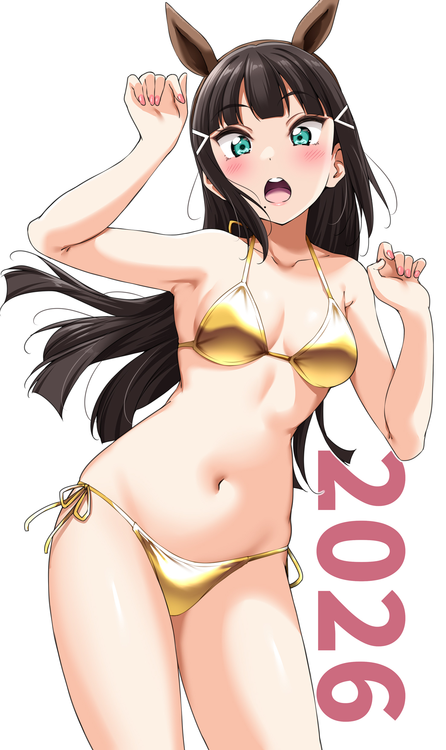 yopparai oni, kurosawa dia, love live!, love live! sunshine!!, absurdres, commentary request, highres, 1girl, 2026, :o, animal ears, armpits, arms up, bikini, black hair, blush, breasts, brown hairband, fake animal ears, gold bikini, green eyes, hair ornament, hairband, horse ears, long hair, looking at viewer, medium breasts, mole, mole under mouth, navel, open mouth, side-tie bikini bottom, simple background, solo, stomach, swimsuit, thighs, white background