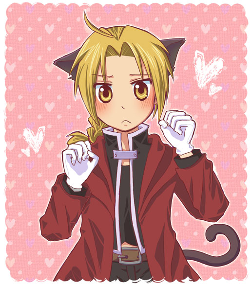 sayaka (tick tack music), edward elric, fullmetal alchemist, 00s, 1boy, ahoge, animal ears, blonde hair, blush, braid, braided ponytail, cat boy, cat ears, cat tail, gloves, kemonomimi mode, male focus, single braid, solo, tail, yellow eyes