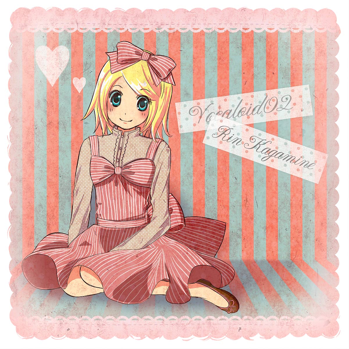 sayaka (tick tack music), kagamine rin, vocaloid, highres, 1girl, aqua eyes, blonde hair, bow, female focus, full body, hair bow, short hair, solo