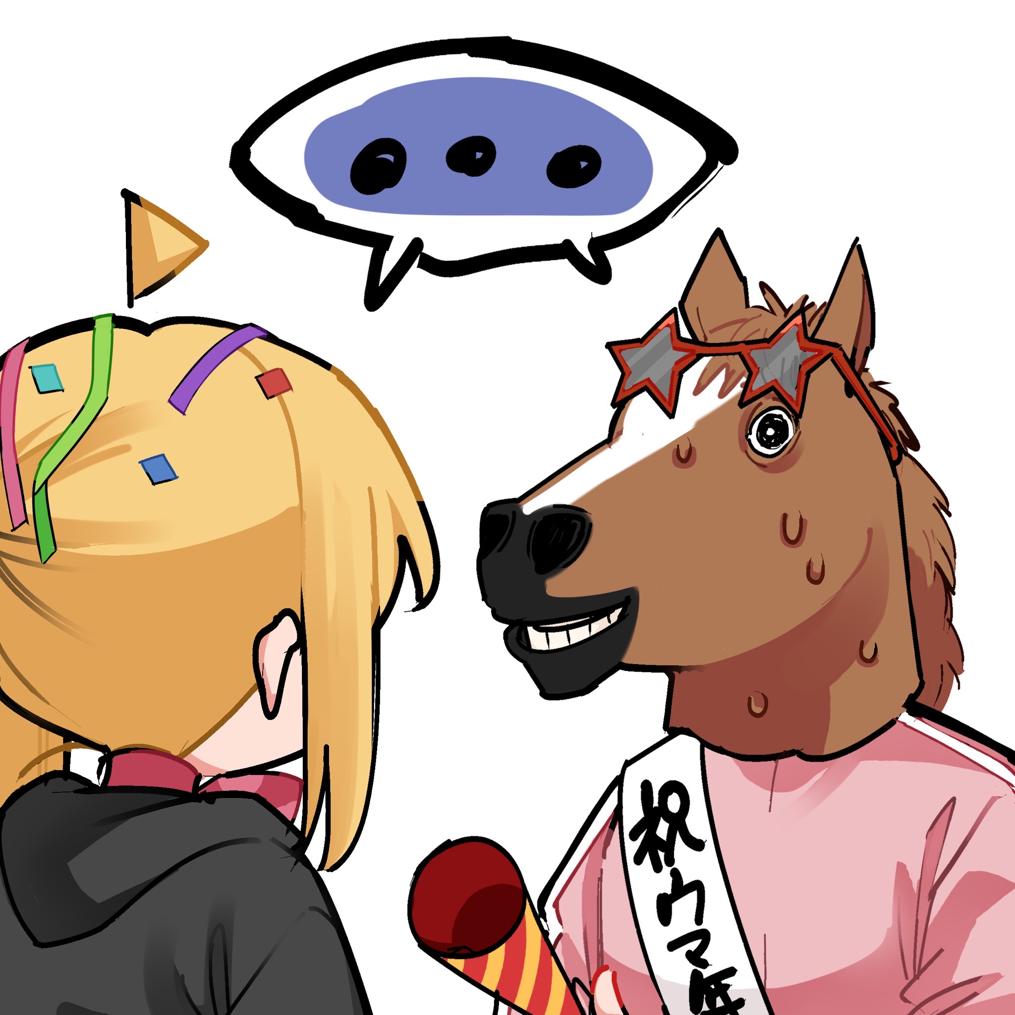 hamazi aki, gotoh hitori, ijichi nijika, bocchi the rock!, highres, …, 2girls, ahoge, blonde hair, detached ahoge, horse mask, jacket, long hair, mask, multiple girls, nervous sweating, party popper, pink jacket, shared speech bubble, simple background, speech bubble, spoken ellipsis, sweat, white background