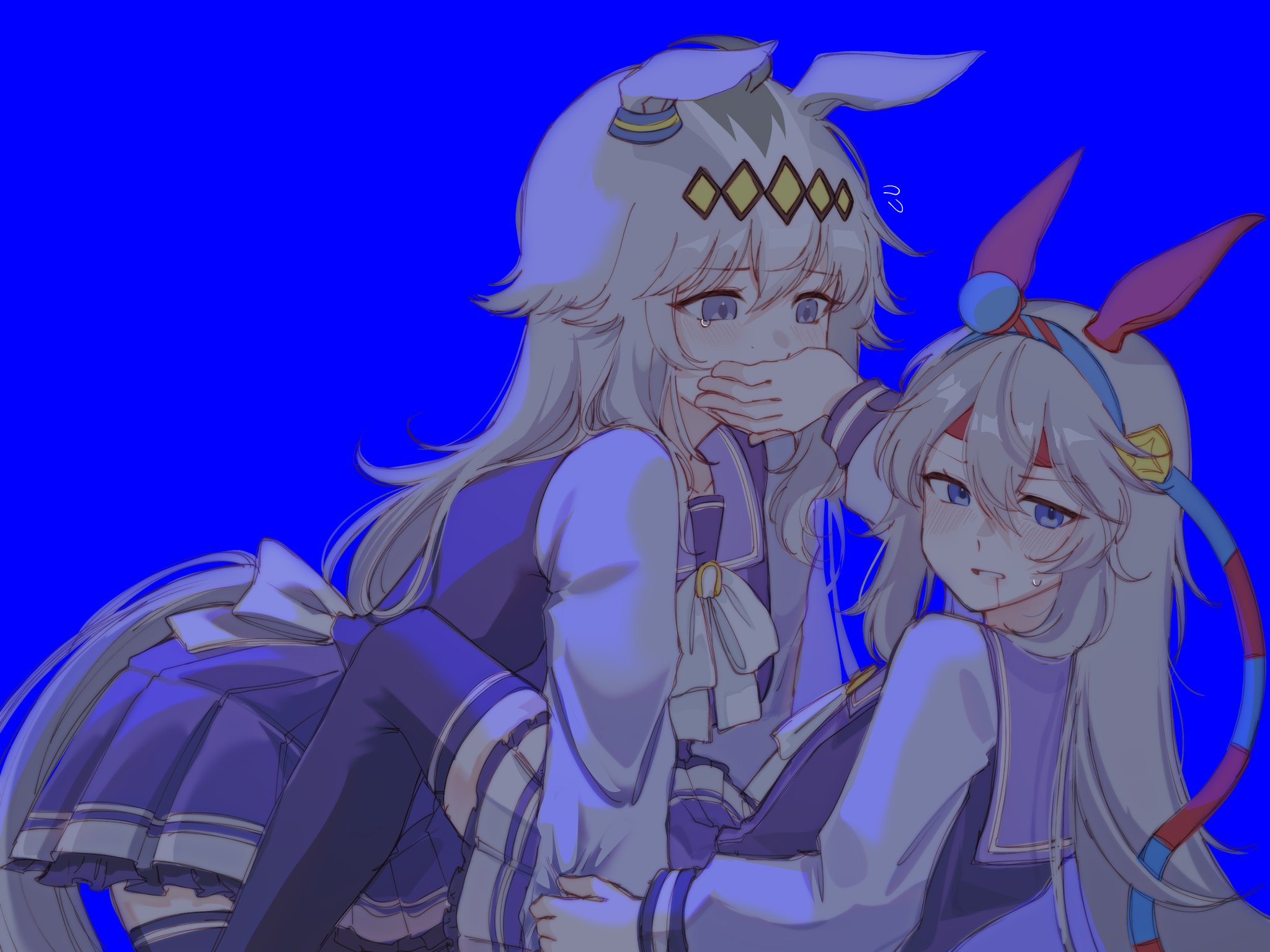 oguri cap (umamusume), tamamo cross (umamusume), umamusume, highres, 2girls, ahoge, animal ears, blood, blood on face, blue background, blue eyes, blue hairband, bow, bowtie, covering another's mouth, ear covers, ear ornament, grey hair, grey tail, hair between eyes, hair ornament, hairband, hand over another's mouth, headband, horse ears, horse girl, horse tail, koppiaa, long hair, long sleeves, multicolored hair, multicolored hairband, multiple girls, parted lips, pleated skirt, purple sailor collar, purple serafuku, purple shirt, purple skirt, purple thighhighs, red headband, sailor collar, sailor shirt, school uniform, serafuku, shirt, skirt, striped clothes, striped hairband, sweatdrop, tail, thighhighs, tracen school uniform, two-tone hairband, white bow, white bowtie, yuri