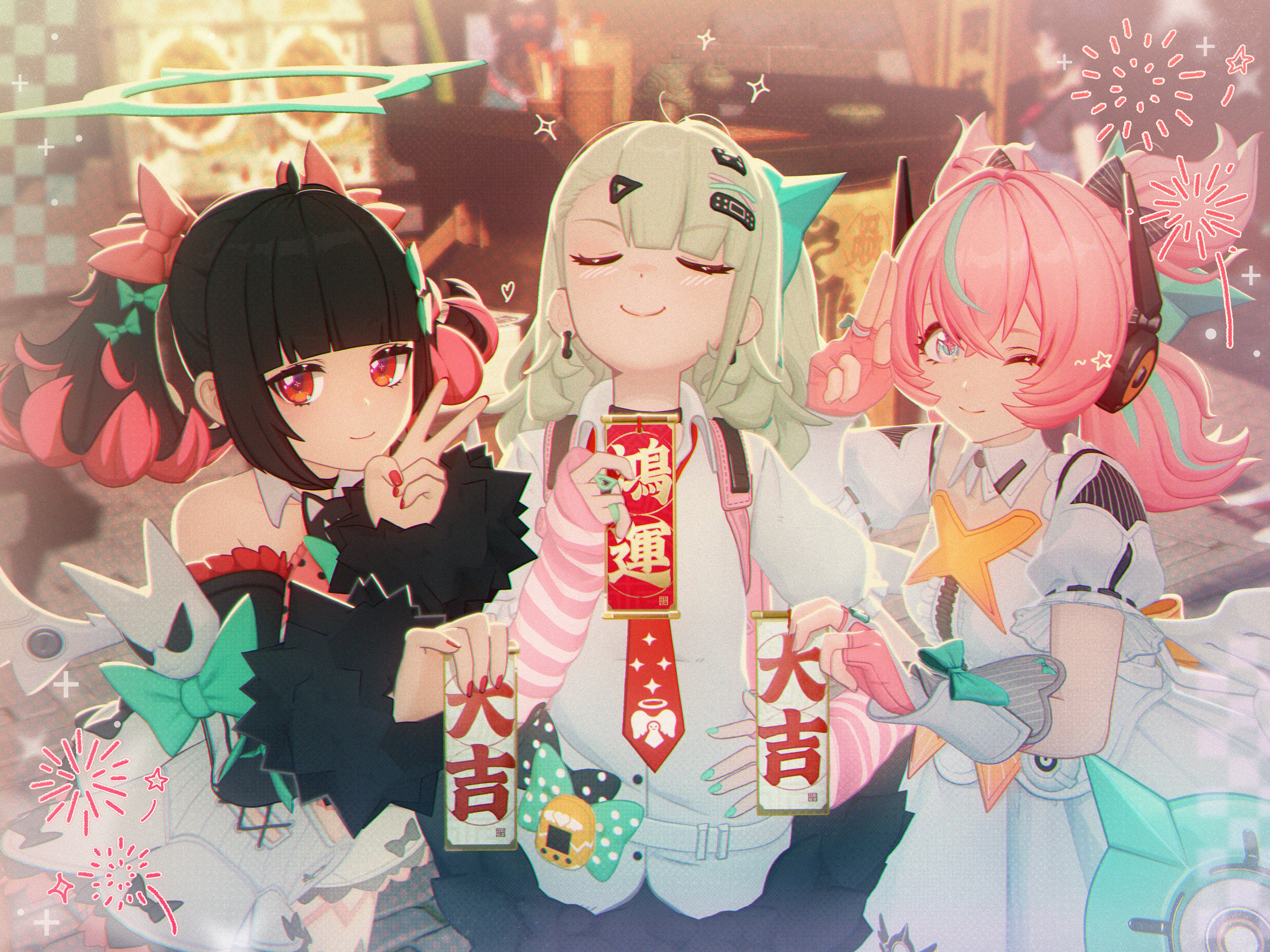 chinatsu remiel, rokudu sariel, yutane johiel, zenless zone zero, absurdres, commentary, english commentary, highres, official art, 3girls, angel wings, arm warmers, asymmetrical bangs, backpack, bag, bare shoulders, black choker, black hair, black skirt, bow, choker, closed eyes, colored inner hair, detached sleeves, dress, earrings, fake wings, fingerless gloves, fur-trimmed skirt, fur-trimmed sleeves, fur trim, gloves, green bow, green hair, green nails, hair bow, hair ornament, hairpin, halo, holding, holding paper, jewelry, long hair, looking at viewer, multicolored hair, multiple girls, multiple hair bows, multiple hairpins, nail polish, necktie, new year, omikuji, one eye closed, paper, pink bag, pink hair, quad tails, randoseru, red eyes, red nails, red necktie, shirt, short dress, side ponytail, skirt, smile, smug, star-shaped pupils, star (symbol), streaked hair, striped arm warmers, symbol-shaped pupils, twintails, v, white dress, white shirt, wings