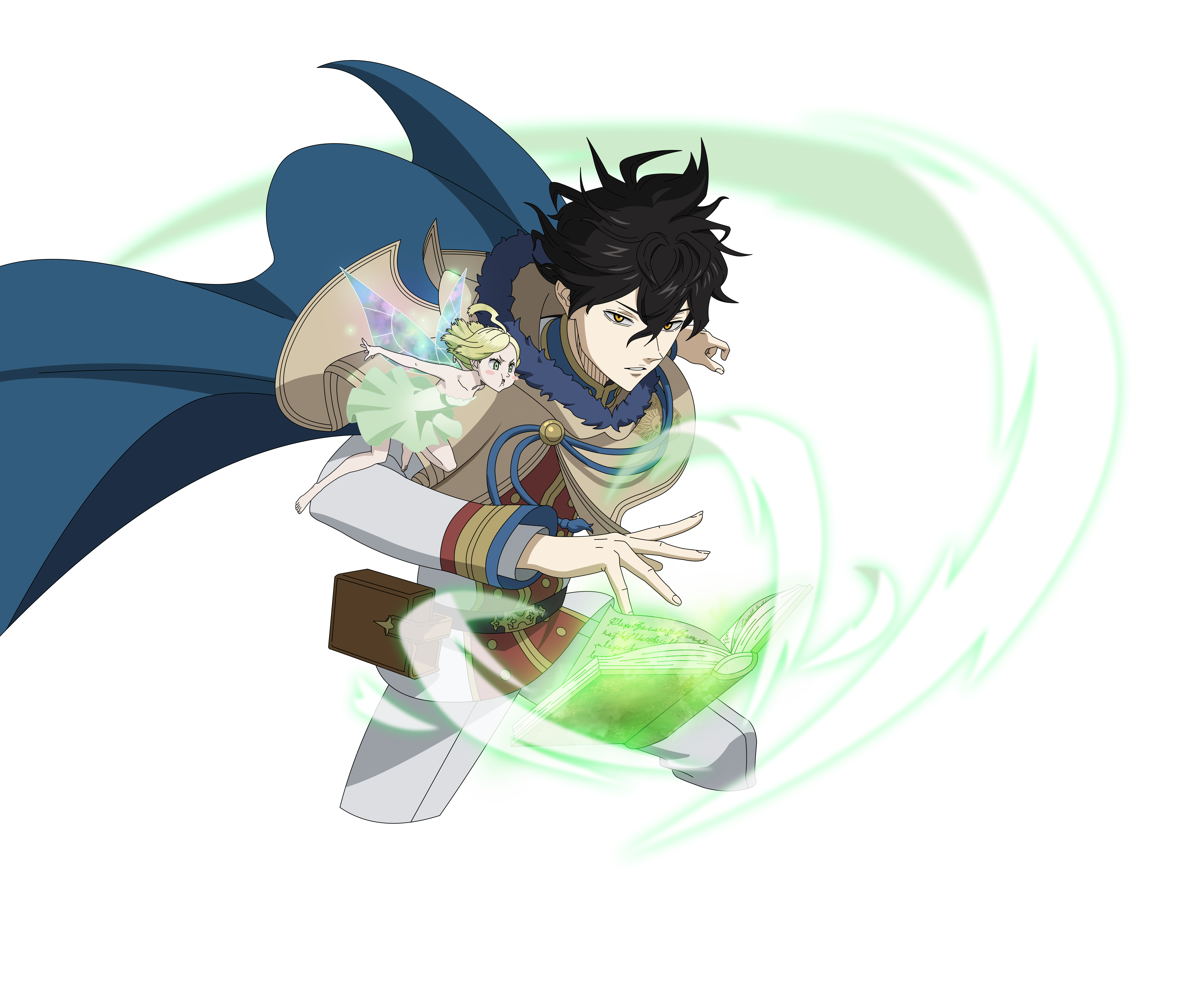 sylph (black clover), yuno (black clover), black clover, black clover m: rise of the wizard king, absurdres, highres, non-web source, official art, 1boy, 1girl, black hair, blue cape, brown capelet, brown eyes, cape, capelet, dress, fairy, fairy wings, green dress, green hair, jacket, mini person, minigirl, multicolored jacket, pants, red jacket, simple background, strapless, strapless dress, transparent background, two-tone jacket, white jacket, white pants, wings
