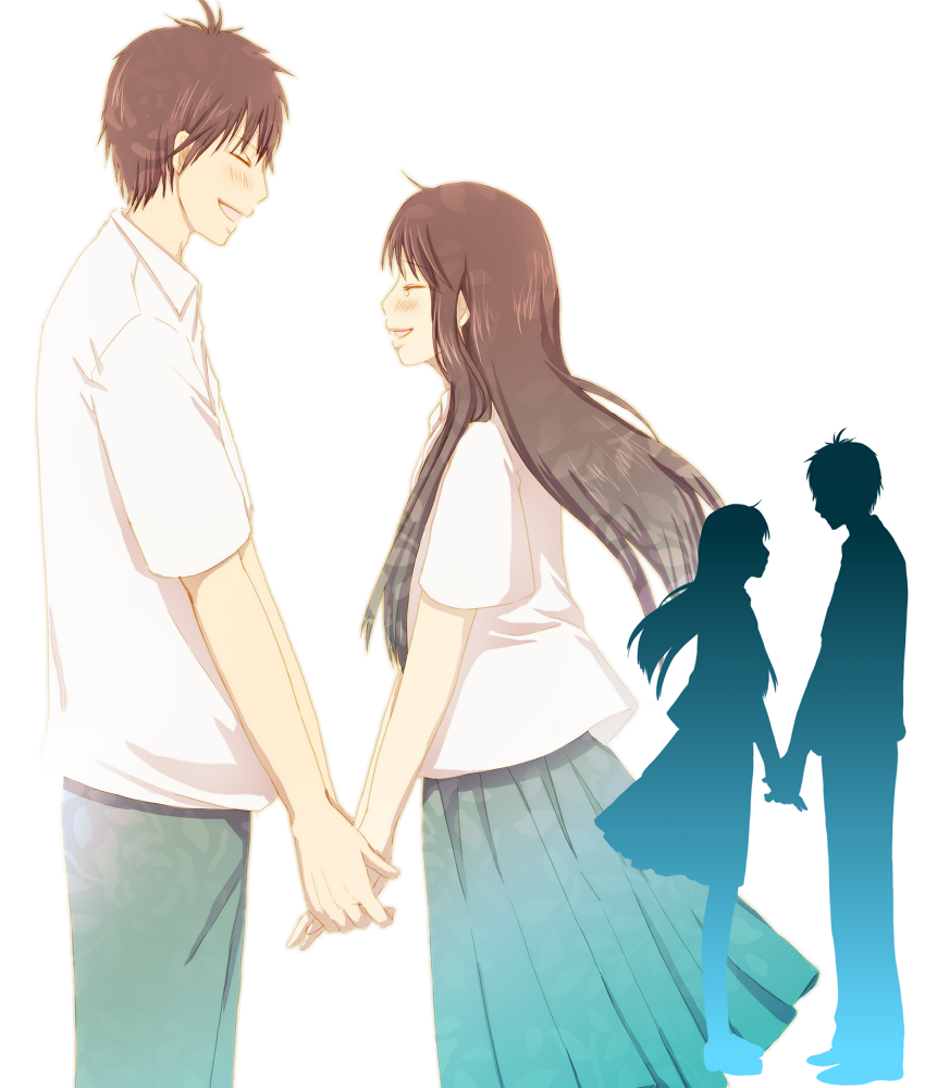 mashibaya, kazehaya shouta, kuronuma sawako, kimi ni todoke, 00s, 1boy, 1girl, black hair, brown hair, closed eyes, couple, dress shirt, hetero, holding hands, shirt, silhouette, skirt