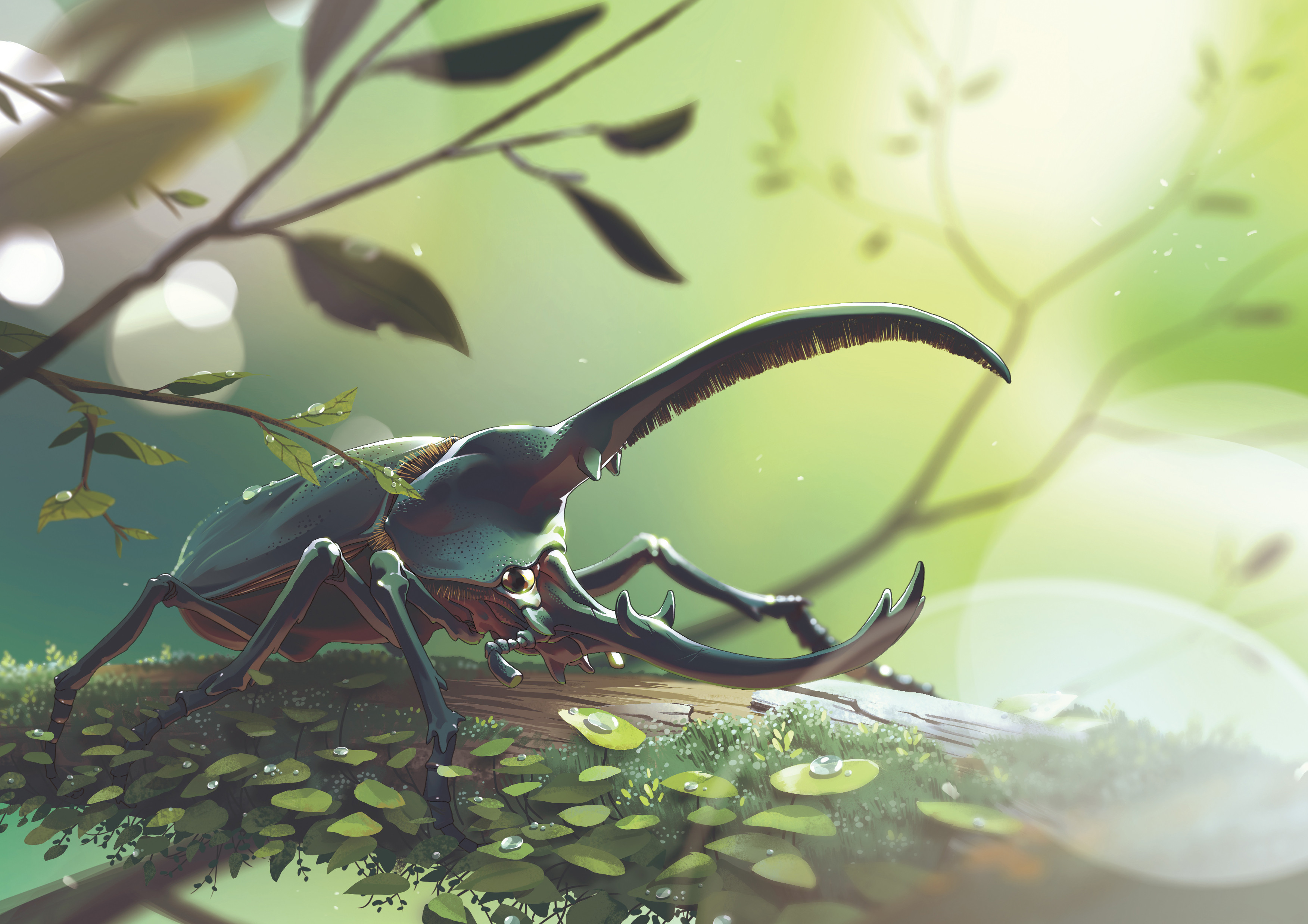 lorenzo lanfranconi, original, absurdres, commentary, english commentary, highres, 1other, blurry, bokeh, branch, bug, close-up, depth of field, green theme, hercules beetle, leaf, light rays, moss, nature, no humans, outdoors, painterly, scenery, water drop
