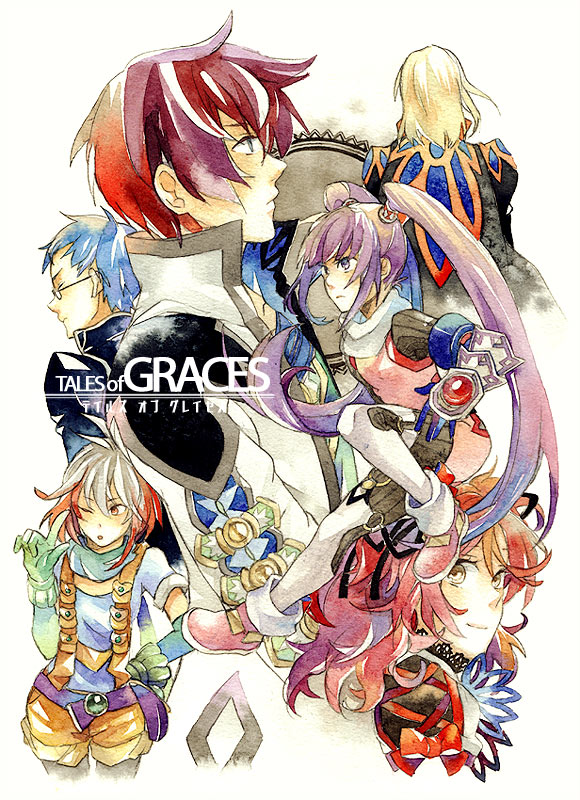 hachi 888, asbel lhant, cheria barnes, hubert ozwell, pascal (tales), richard (tales), sophie (tales), tales of (series), tales of graces, 3boys, 3girls, blue shirt, brothers, brown eyes, copyright name, gauntlets, multicolored hair, multiple boys, multiple girls, purple eyes, purple hair, red hair, shirt, siblings, twintails