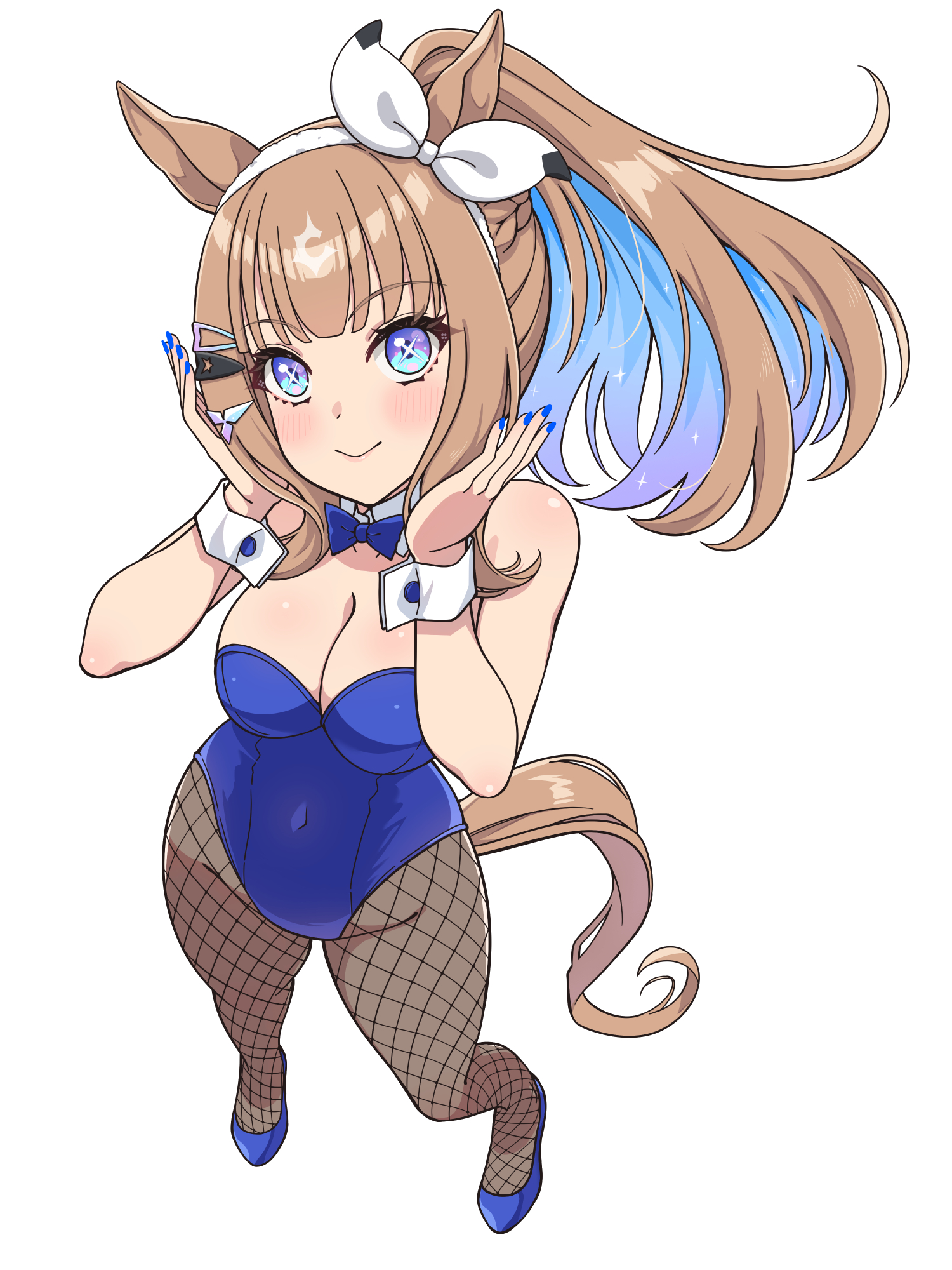 minazuki minao, almond eye (umamusume), umamusume, commentary request, highres, + +, 1girl, animal ears, blue bow, blue bowtie, blue eyes, blue leotard, blue nails, blush, bow, bow hairband, bowtie, braid, breasts, brown hair, cleavage, closed mouth, colored inner hair, detached collar, fishnet pantyhose, fishnets, hair between eyes, hair ornament, hairband, hairclip, horse ears, horse girl, horse tail, large breasts, leotard, long hair, looking at viewer, multicolored hair, pantyhose, playboy bunny, ponytail, shoes, smile, solo, symbol-shaped pupils, tail, white hairband, white wrist cuffs, wrist cuffs, x-shaped pupils