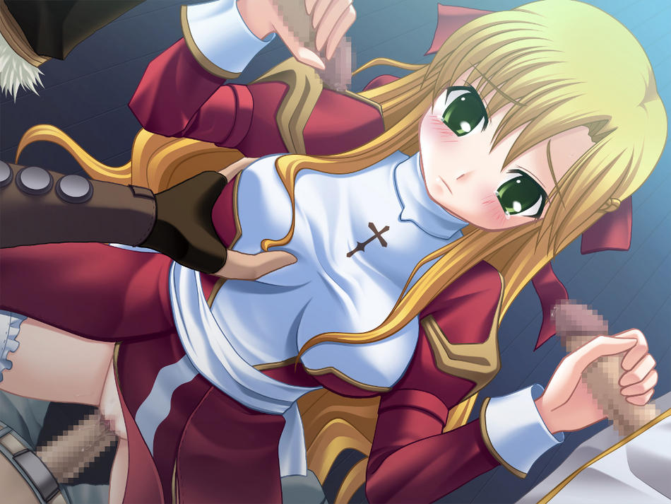 ragnarok online, blonde hair, blush, censored, cross, double handjob, green eyes, groping, group sex, handjob, hetero, penis, priestess, sex, vaginal
