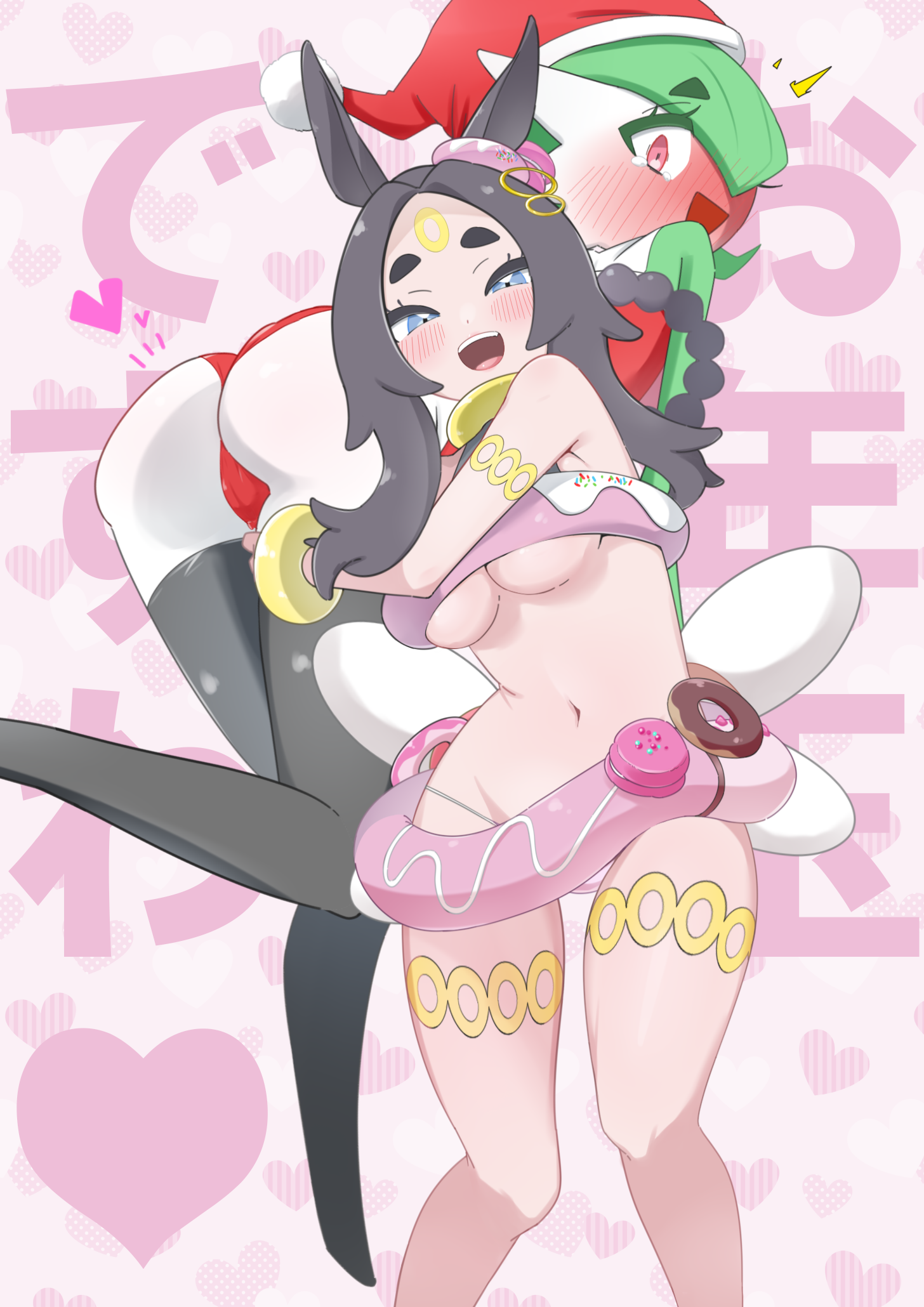 m3 (gardevoir m3), ansha (pokemon), gardevoir, nintendo, pokemon, pokemon legends: z-a, highres, 2girls, ^^^, aged up, animal ears, armlet, ass, bare shoulders, bikini, black hair, black thighhighs, blue eyes, blush, bob cut, bracelet, braid, breasts, carrying, clothed pokemon, colored skin, constricted pupils, donut innertube, ear ornament, embarrassed, facial mark, female focus, fireman's carry, forehead, forehead mark, from behind, full-face blush, gen 3 pokemon, green hair, green skin, half-closed eyes, happy, hat, heart, heart background, horse ears, innertube, jewelry, kemonomimi mode, knees together feet apart, leg up, long hair, looking at viewer, looking back, medium breasts, multicolored skin, multiple girls, navel, nervous smile, open mouth, panties, pink background, pokemon (creature), pom pom (clothes), red eyes, red hat, red panties, red shirt, santa hat, shirt, short hair, sidelocks, smile, stomach, strapless, string bikini, swim ring, swimsuit, text background, thighhighs, thighlet, tube top, two-tone skin, underboob, underwear, white skin, wide-eyed