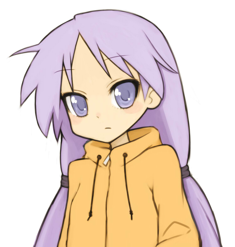 riichi, yamaden (gottamix), hiiragi kagami, lucky star, 00s, 1girl, alternate hairstyle, blue eyes, blush stickers, close-up, female focus, hood, hoodie, long hair, purple hair, simple background, solo, tsurime, twintails