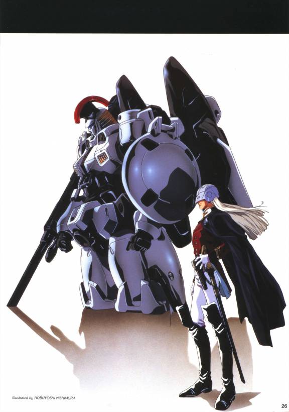 nishimura nobuyoshi, tallgeese, zechs merquise, gundam, gundam wing, 1990s (style), 1boy, blonde hair, boots, cape, gun, helmet, long hair, mecha, military, military uniform, retro artstyle, rifle, robot, shield, sword, weapon