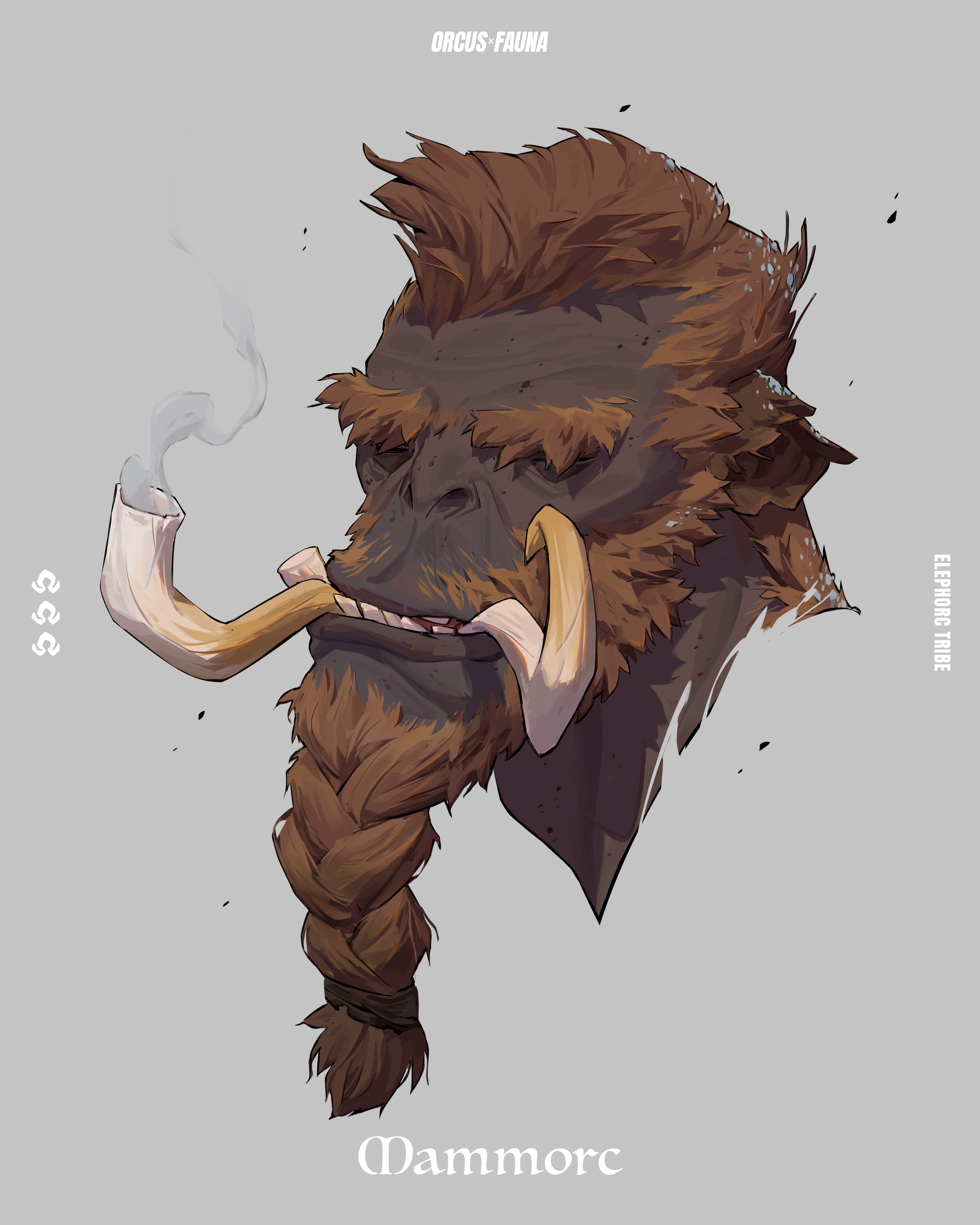 patrick ganas, original, absurdres, commentary, english commentary, highres, 1boy, braid, braided beard, brown hair, character name, elephant boy, facial hair, grey background, male focus, monster boy, orc, portrait, short hair, sideburns, simple background, smoking pipe, smoking pipe in mouth, solo, thick eyebrows, tusks