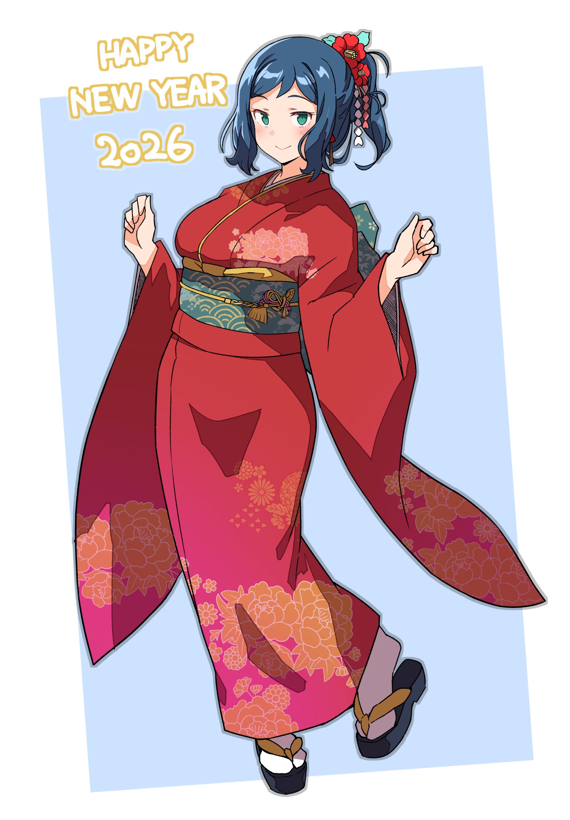 batta 16-sei, iori rinko, gundam, gundam build fighters, absurdres, commentary request, highres, 1girl, 2026, blue eyes, blue hair, blush, closed mouth, full body, happy new year, japanese clothes, kimono, looking at viewer, new year, obi, red kimono, sash, short hair, smile, socks, solo, tabi, white socks, wide sleeves