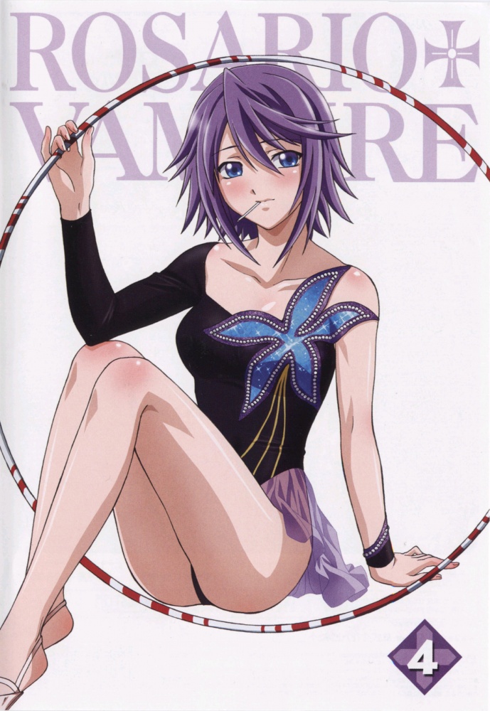 shirayuki mizore, rosario+vampire, hoop, 00s, 1girl, blue eyes, candy, cover, dvd cover, female focus, food, gymnastics, hula hoop, legs, leotard, lollipop, pinky out, plantar flexion, purple hair, rhythmic gymnastics, short hair, solo