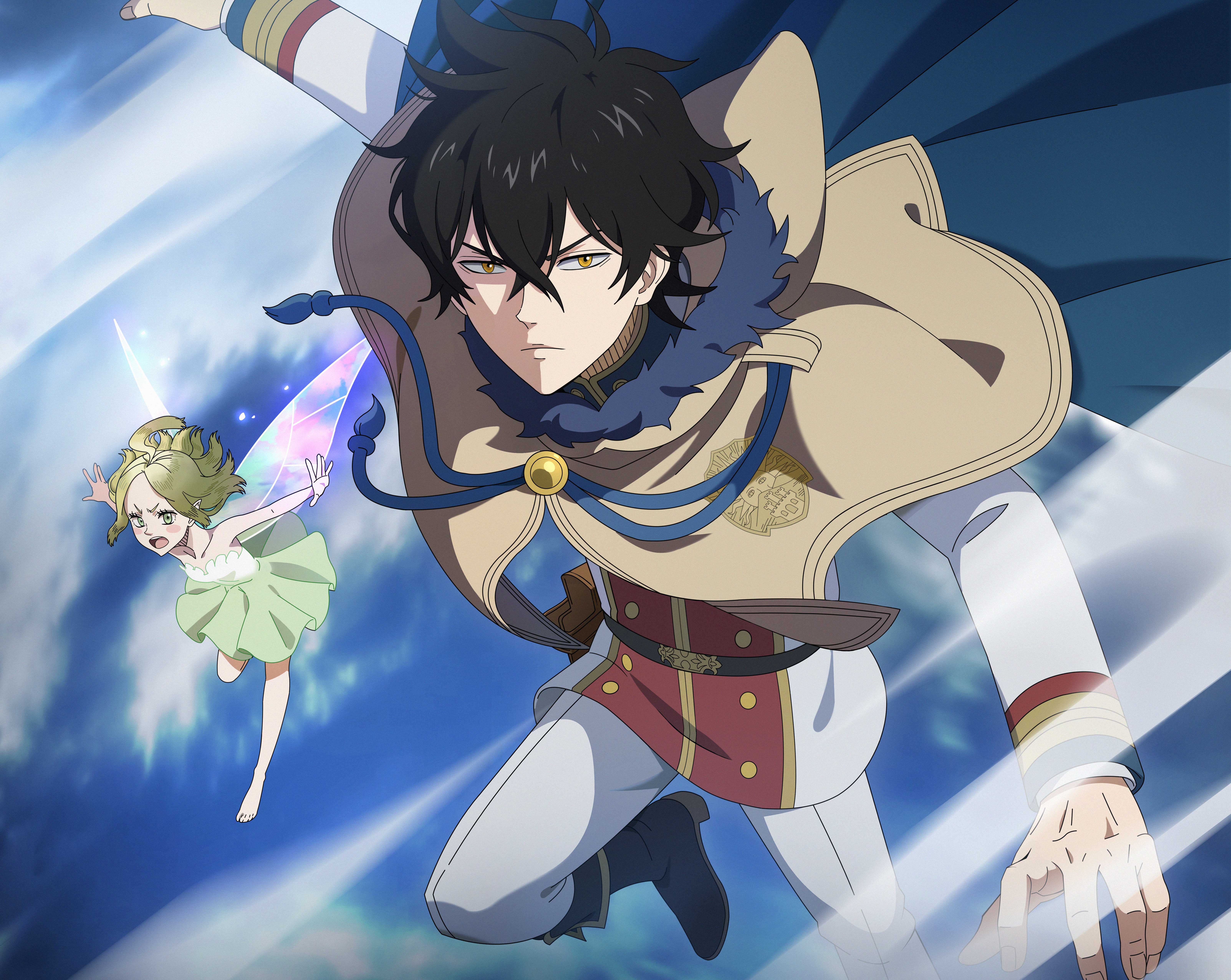 sylph (black clover), yuno (black clover), black clover, black clover m: rise of the wizard king, absurdres, highres, non-web source, official art, 1boy, 1girl, black hair, blue cape, brown capelet, brown eyes, cape, capelet, dress, fairy, fairy wings, green dress, green hair, jacket, mini person, minigirl, multicolored jacket, open mouth, pants, red jacket, strapless, strapless dress, two-tone jacket, white jacket, white pants, wings
