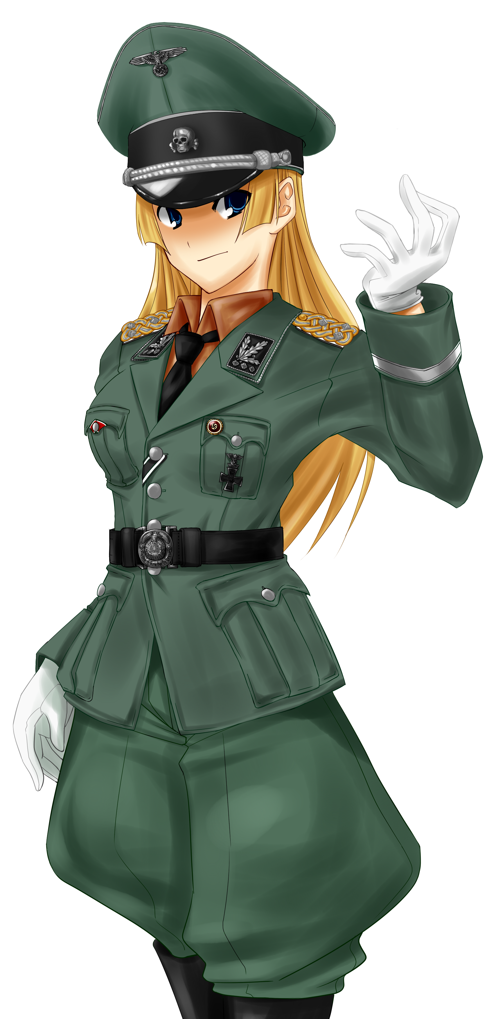 ankorosan, absurdres, copyright request, highres, 1girl, blonde hair, blue eyes, cross, female focus, gloves, hat, iron cross, nazi, party pin, reichsadler, solo, totenkopf, white gloves